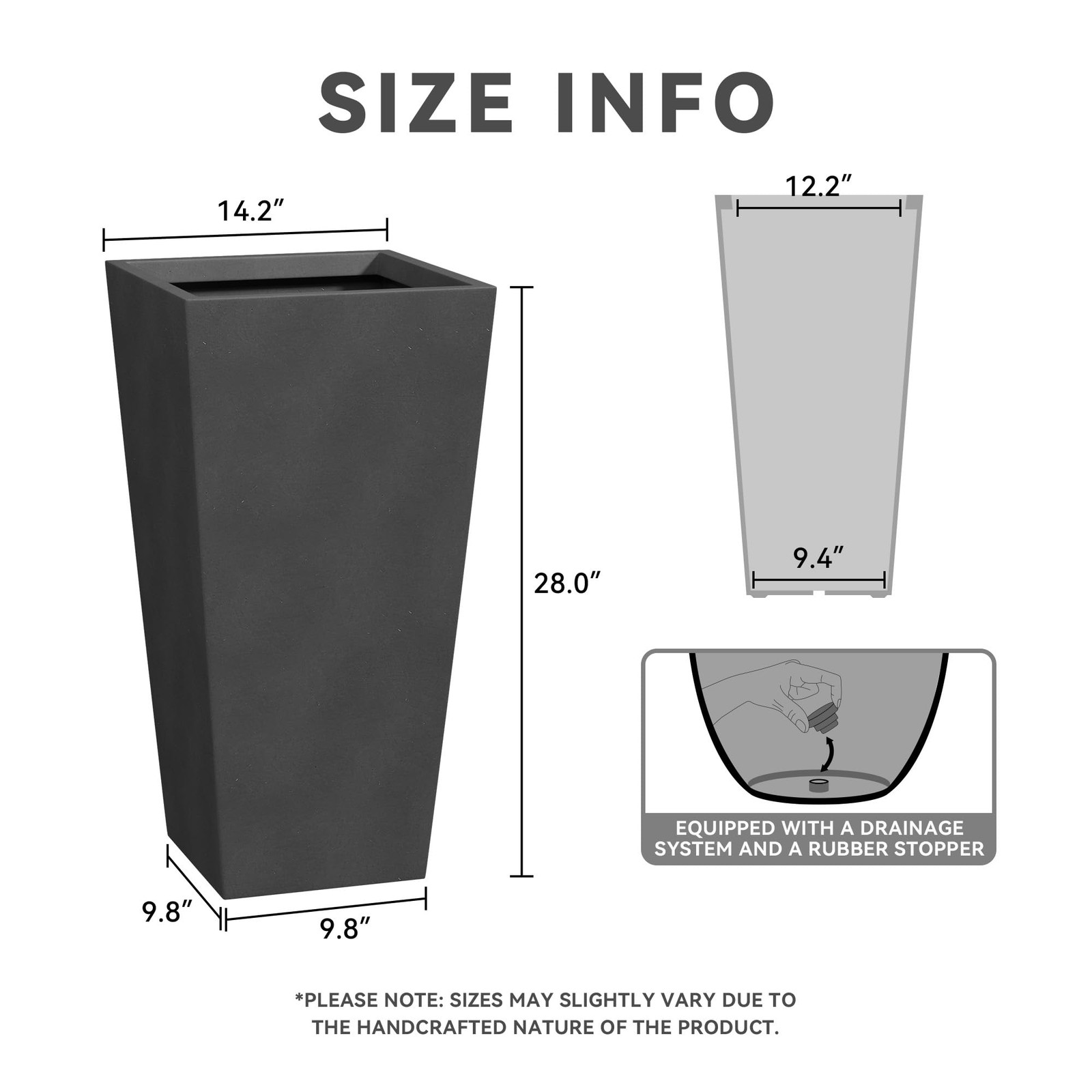 Kante 28 Inch Tall Tapered Concrete Planter, Modern Style Large Plant Pot with D