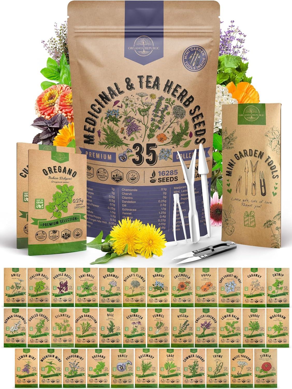 35 Medicinal & Tea Herb Seeds Variety Pack for Indoor & Outdoors. 16,335+ Non-Gm