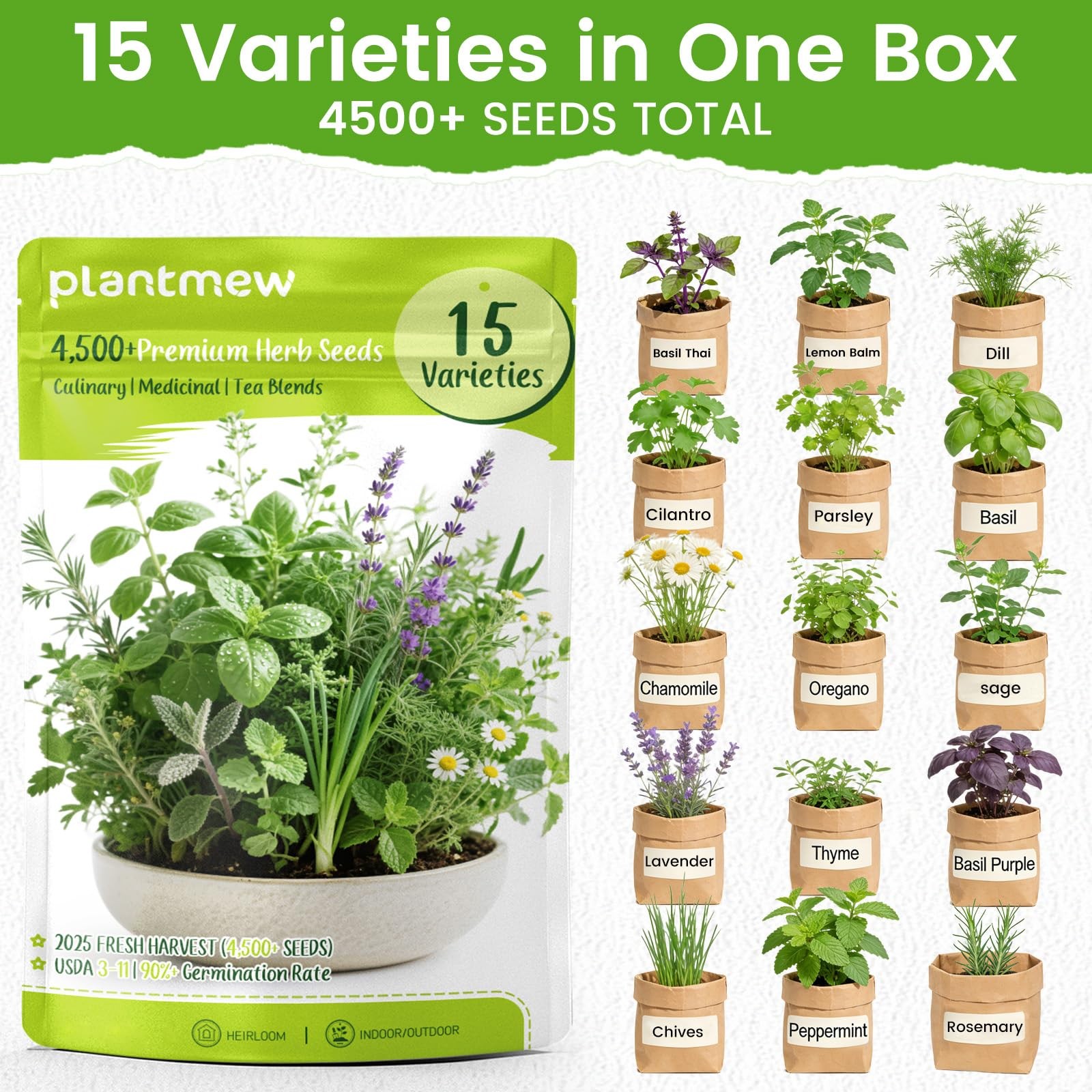 Herb Seeds 15Pack – 4,500+ Heirloom Seeds for Planting – Indoor & Outdoor Her…
