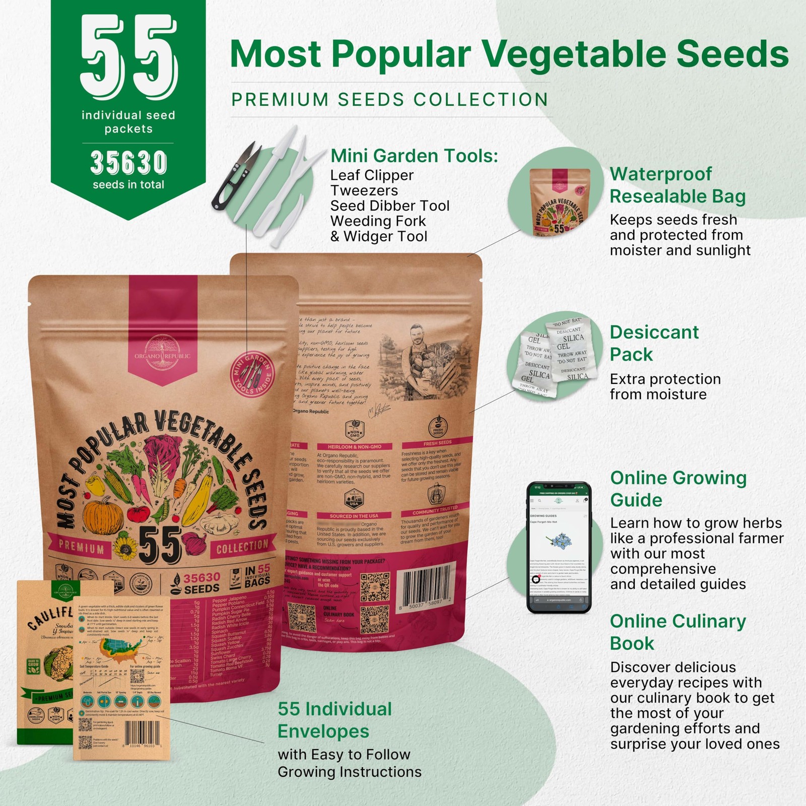 55 Vegetable Seeds Variety Pack – 35,600+ Non-GMO Green, Red, Purple, Yellow