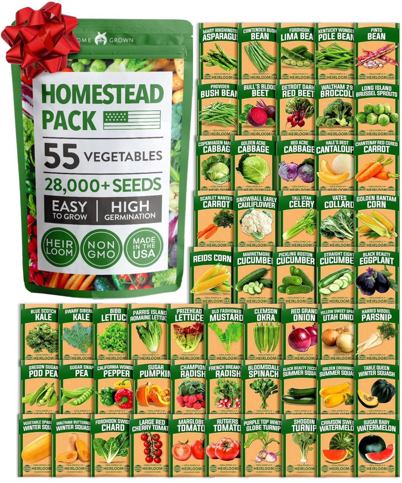 55 Variety Survival Seed Vault – 28,000+ Heirloom Non-GMO Seeds, High Germinatio