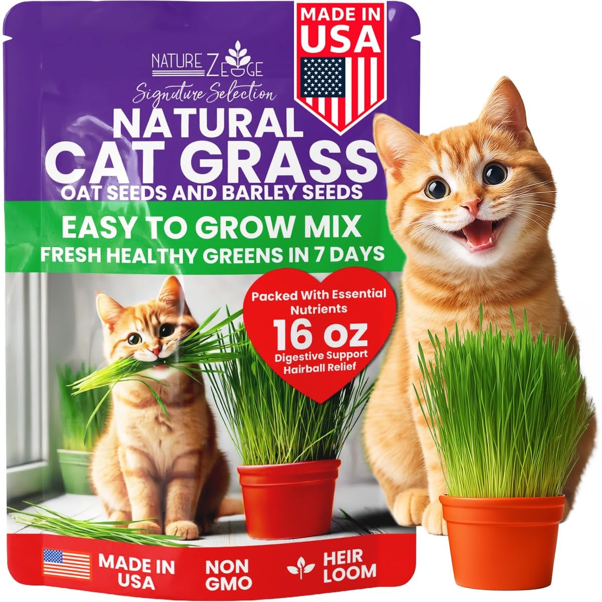 Premium Cat Grass Seeds for Indoor Cats NonGMO Oat & Barley Blend, 1 lb