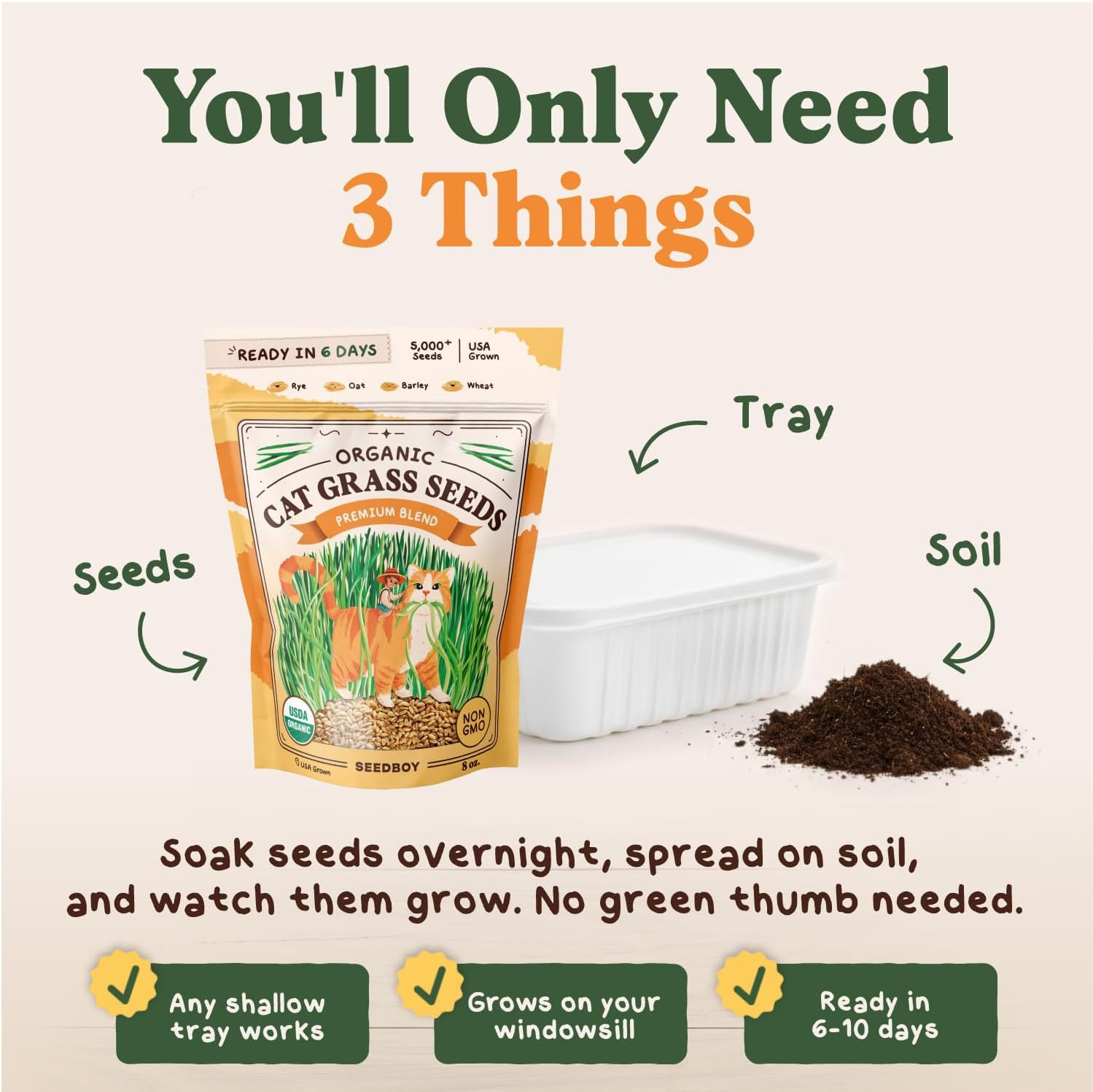 Organic Cat Grass Seeds for Planting, Non-Gmo Wheat, Oat, Rye, and Barley Cat Gr