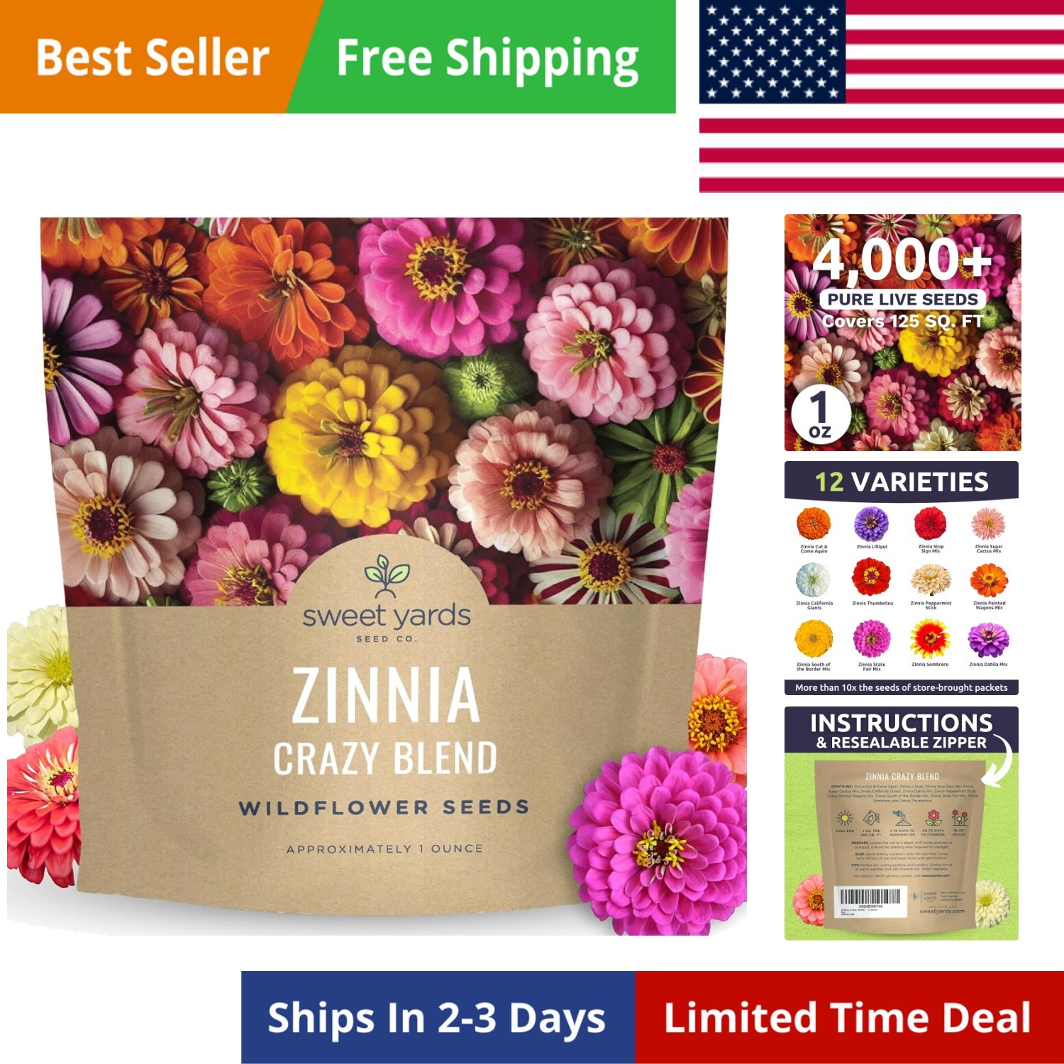 Zinnia Crazy Blend – Large 1 Ounce Packet – 4,000 Flower Seeds for Planting -…
