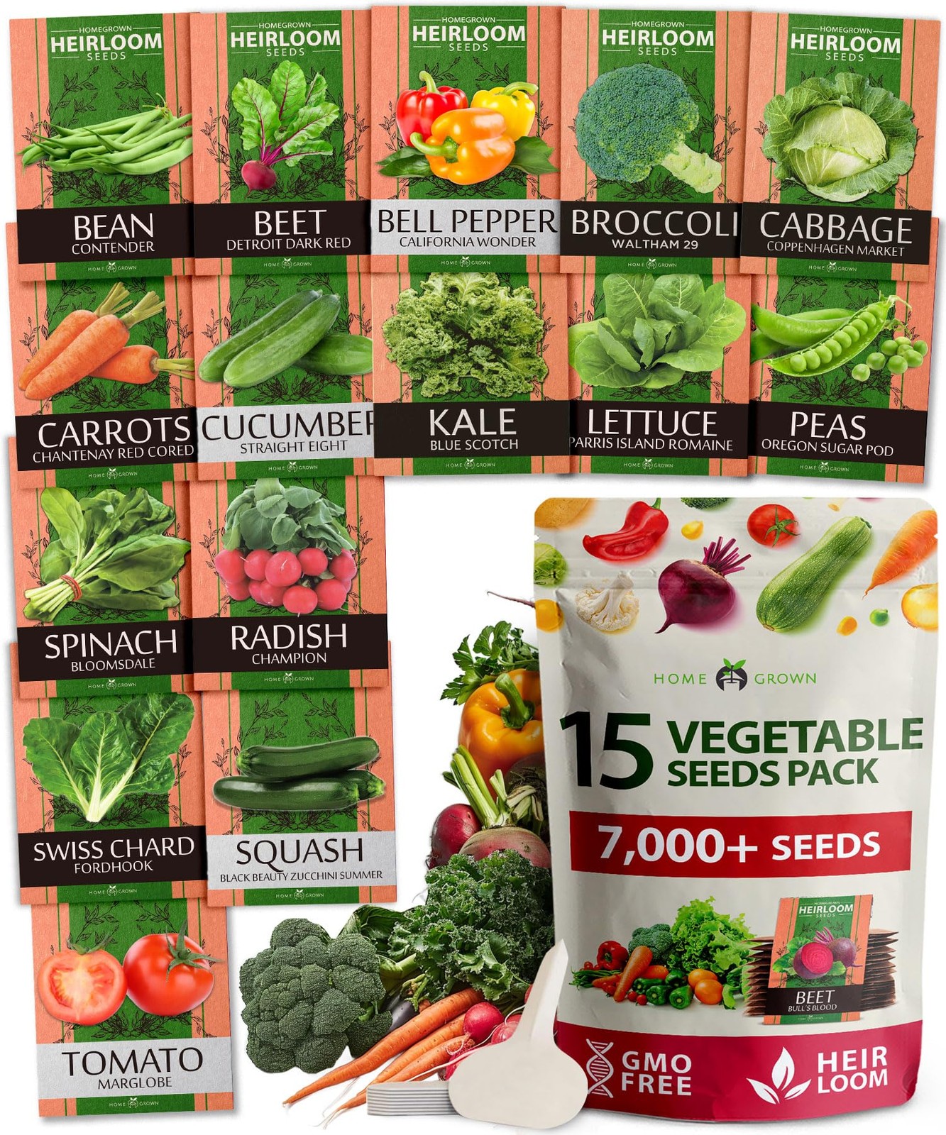 HOME GROWN Heirloom Vegetable Seeds – 15 Varieties, 7,000+ Non 15-Pack, Green