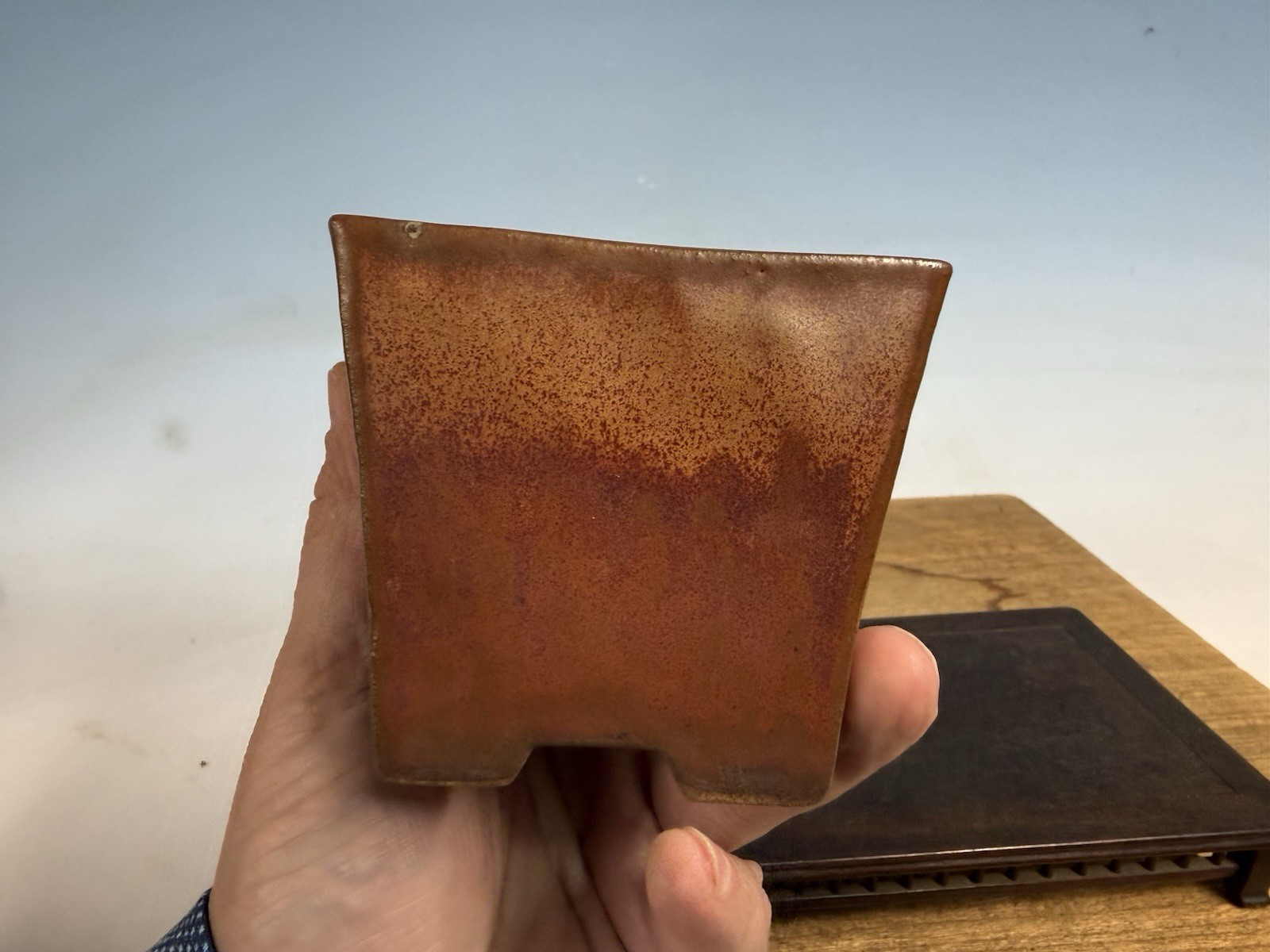 Japanese Unknown Maker Shohin Sized Bonsai Tree Pot 3 1/4 By 3” Red Glazed Semi