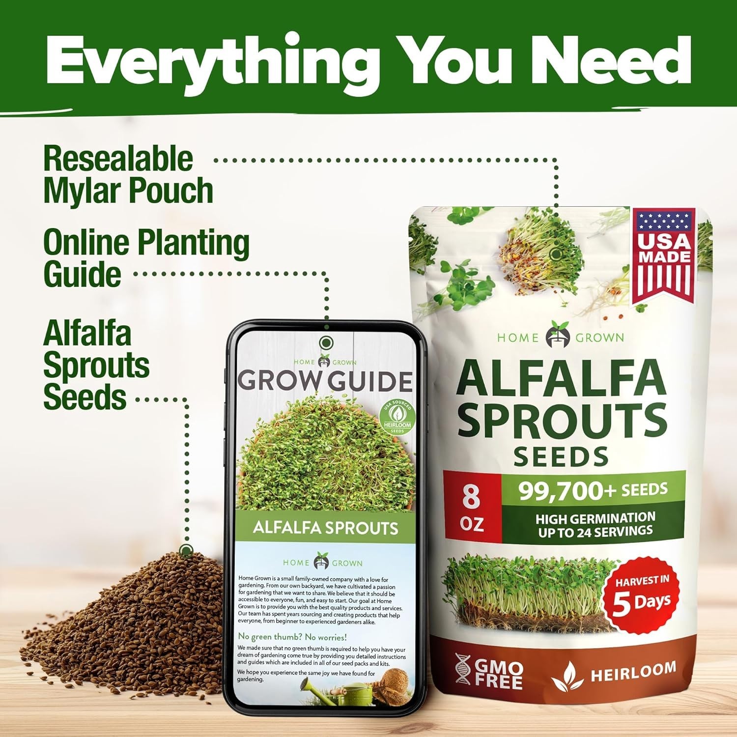 Fast-Growing 8 oz Non-GMO Alfalfa Sprout Seeds – Perfect for Salads & Smoothies