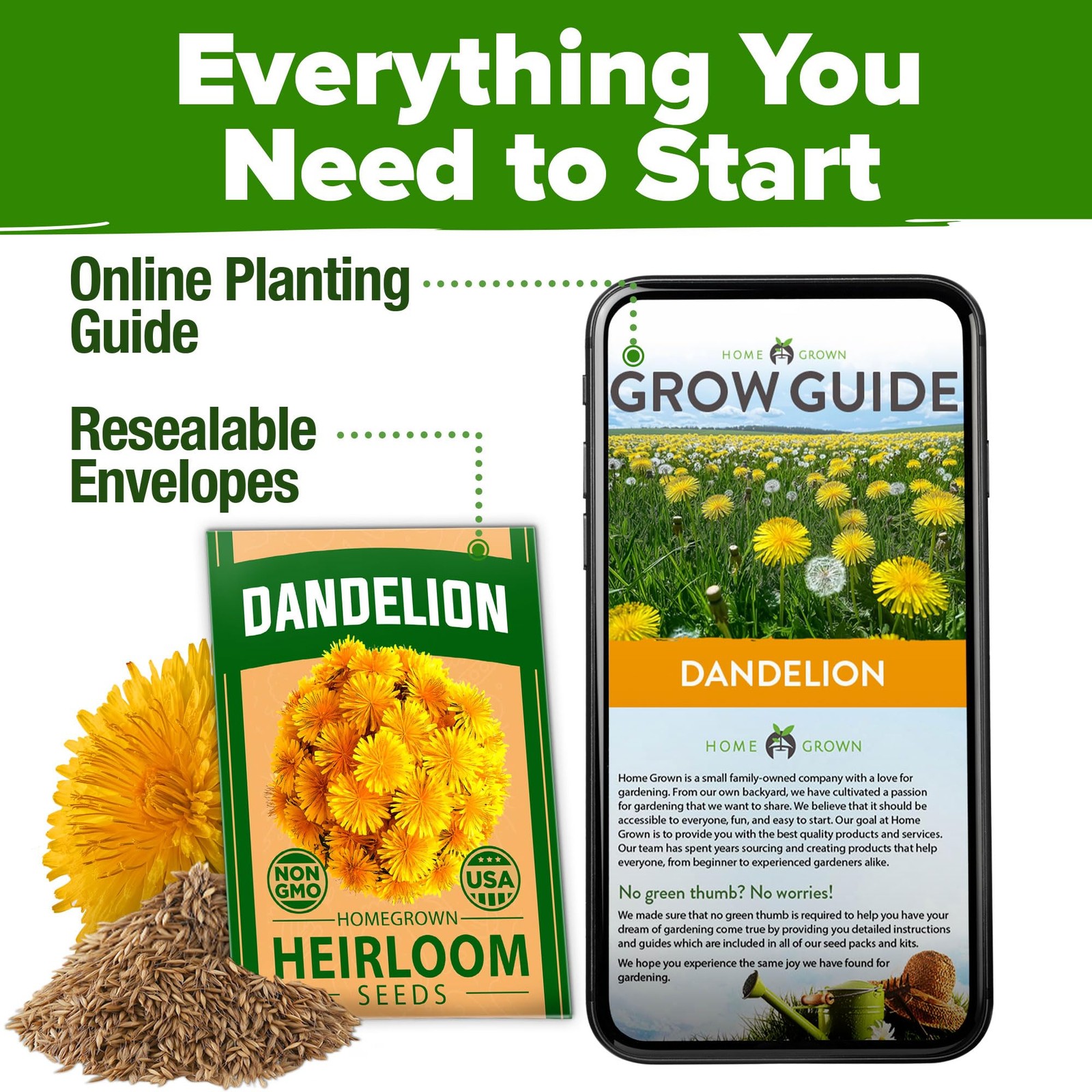HOME GROWN Dandelion Seeds for Planting 600 Heirloom Medicinal 1-Pack, Green