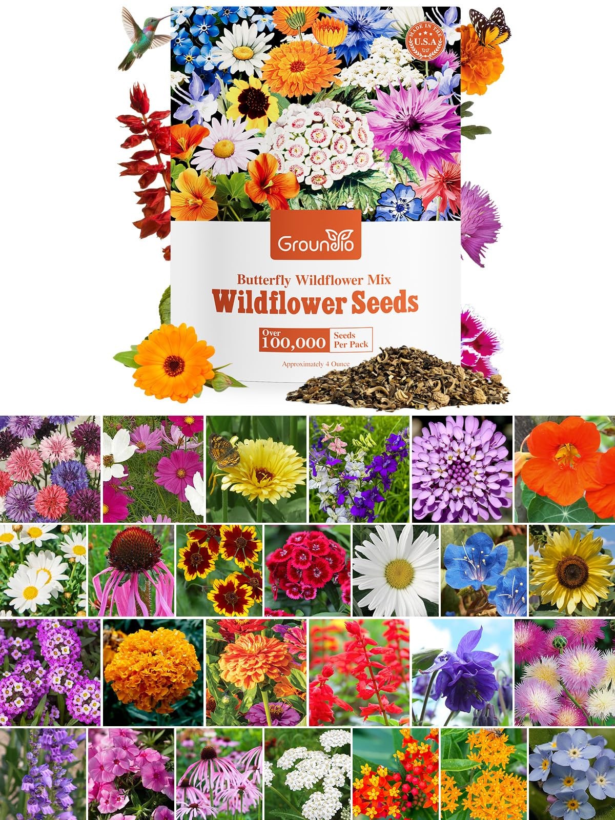 Groundio Wildflower Seeds Bulk, 1/4 lb, 100,000+ Seeds, 26 Colorful Flowers