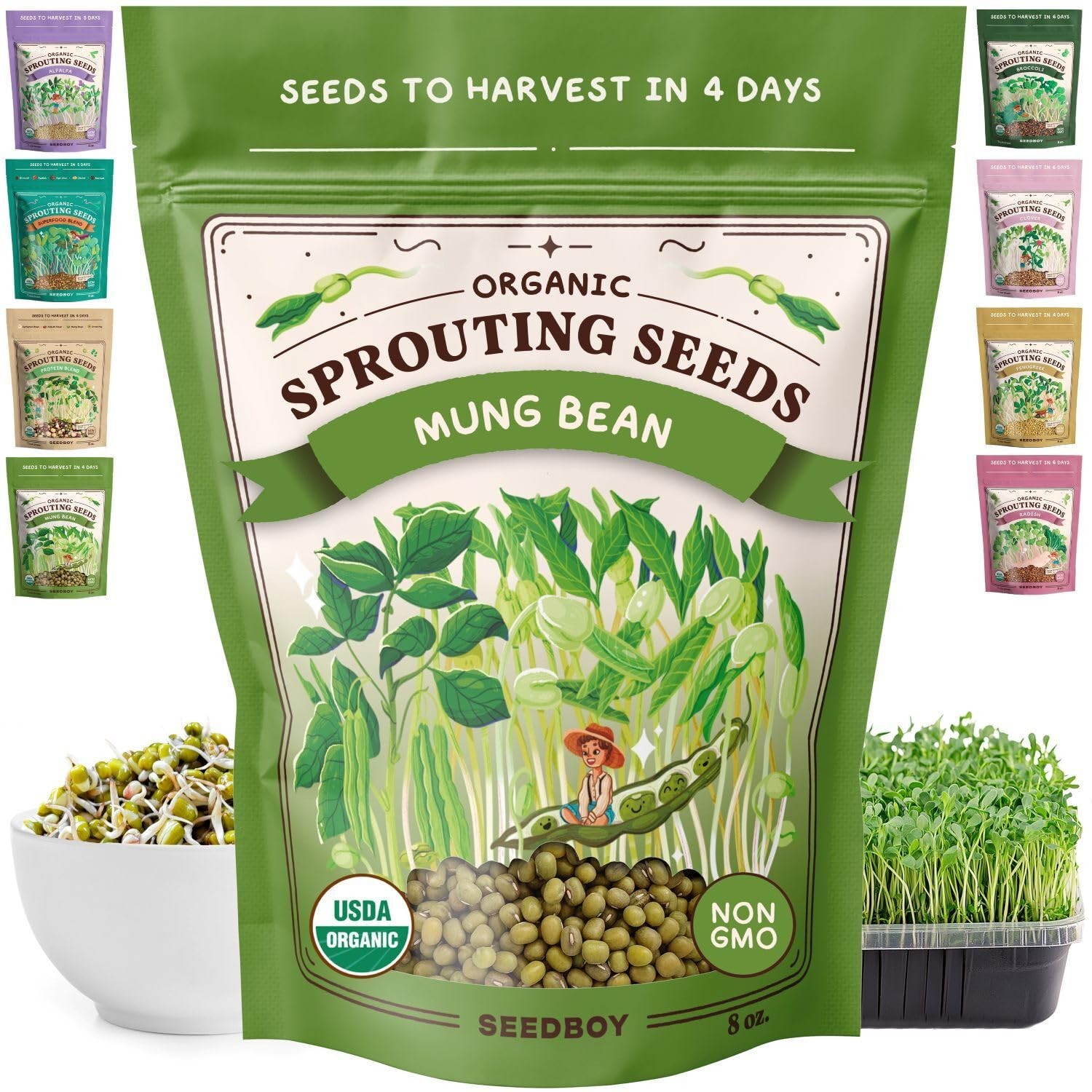 Organic NonGMO Mung Bean Seeds for Sprouting 8 oz Bag, 24 Servings