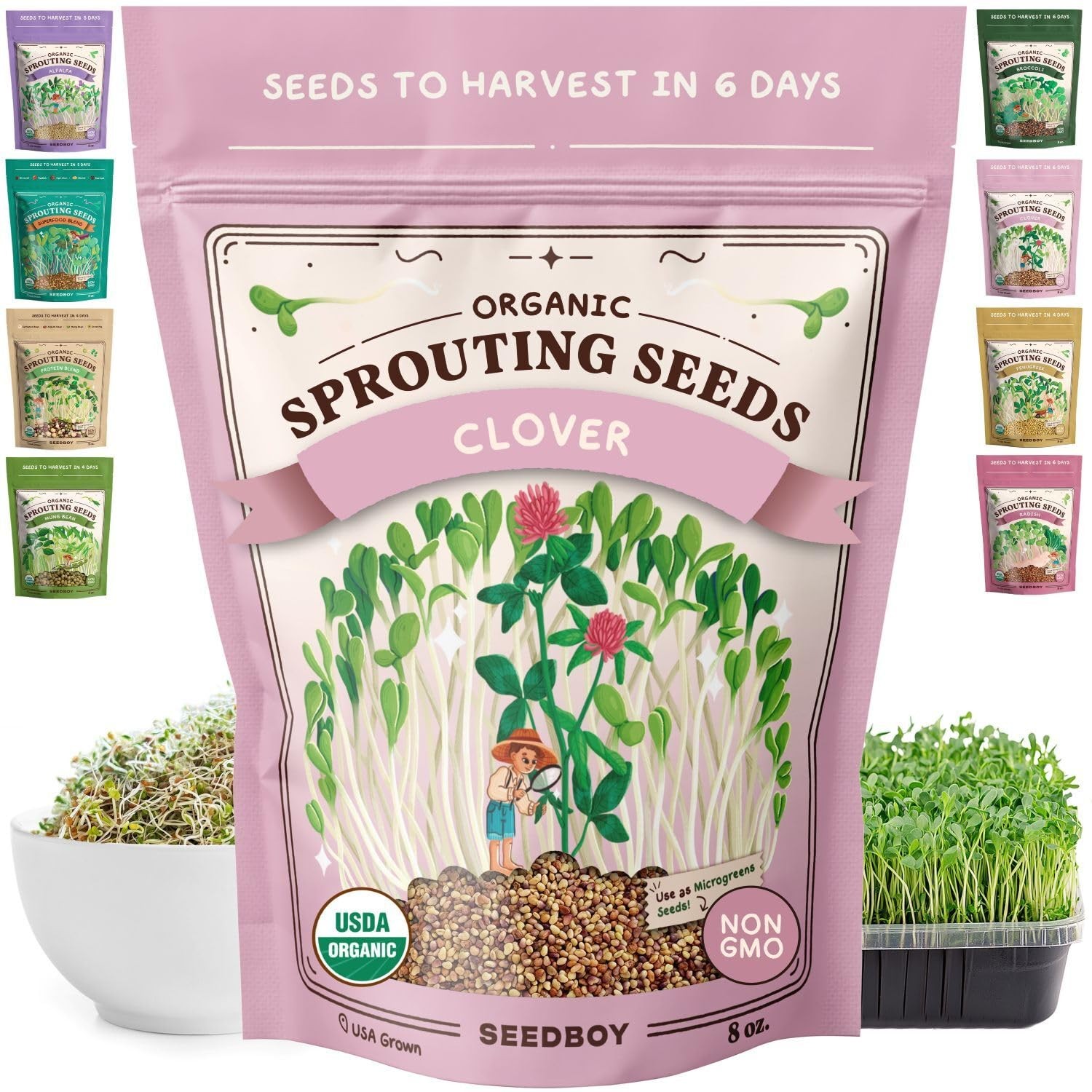 Organic NonGMO Clover Seeds for Sprouting 8 oz Bag, 32 Servings