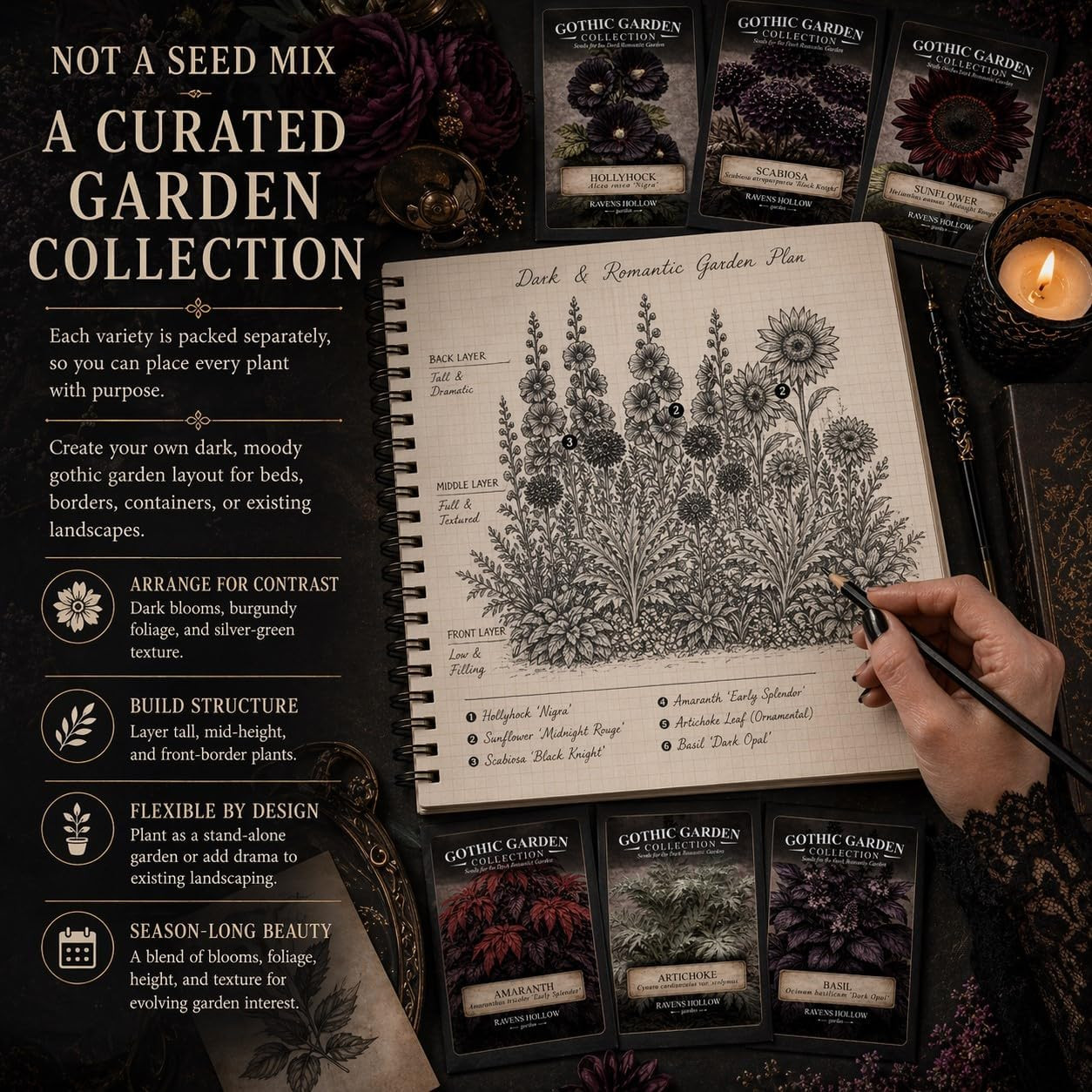 Ravens Hollow Garden Gothic Garden Seed Collection, 6 Open-Pollinated Flower & F