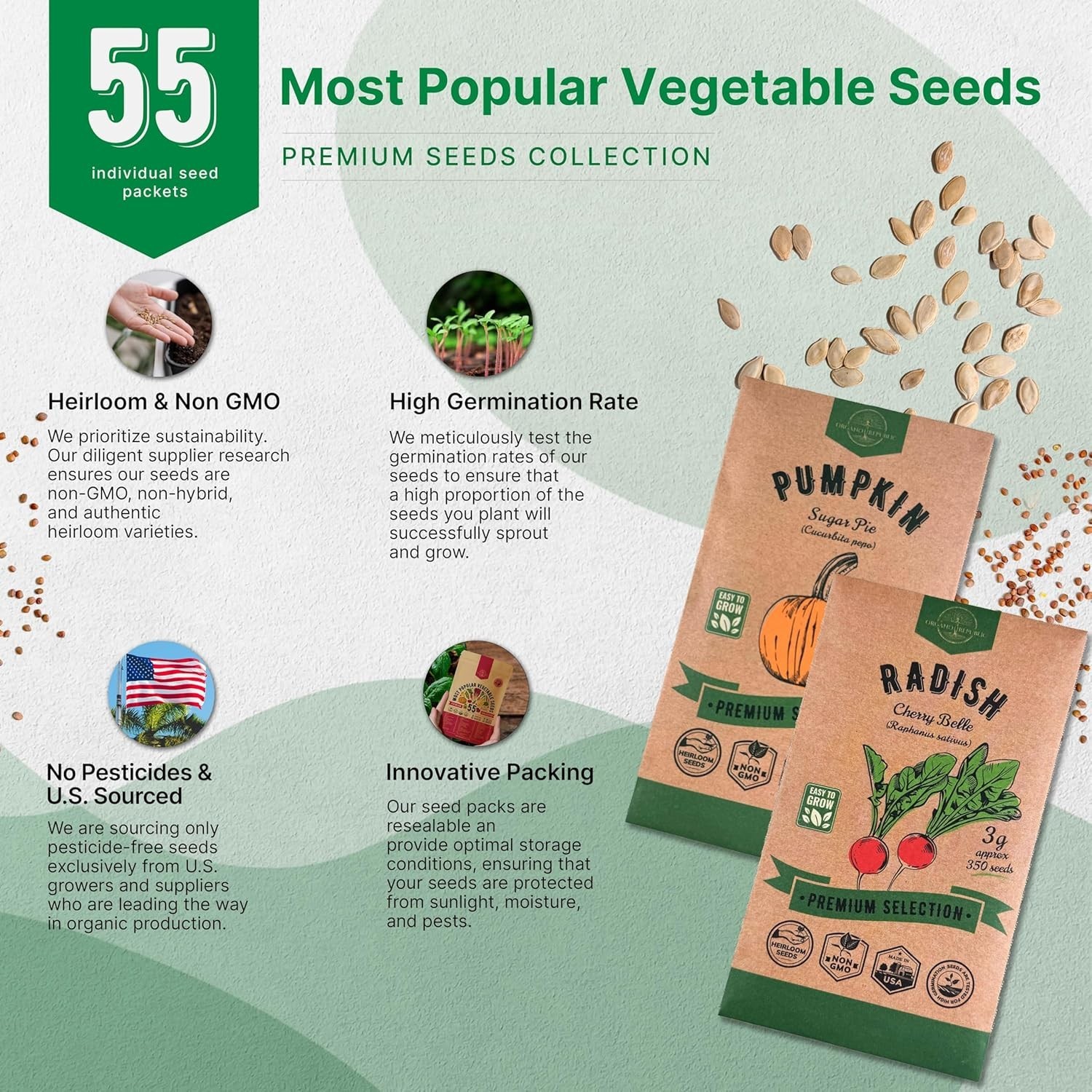 55 Vegetable Seeds Variety Pack – 35,600+ Non-Gmo Heirloom Seeds for Planting Ve