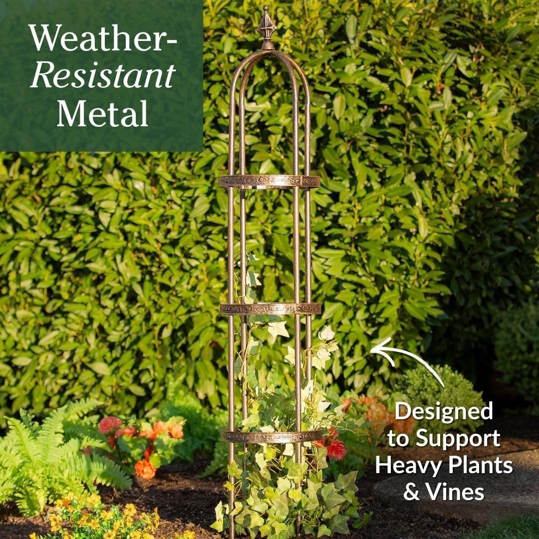 Elegant 5’H Metal Garden Obelisk – Stunning Antique Copper Trellis for Climbi…