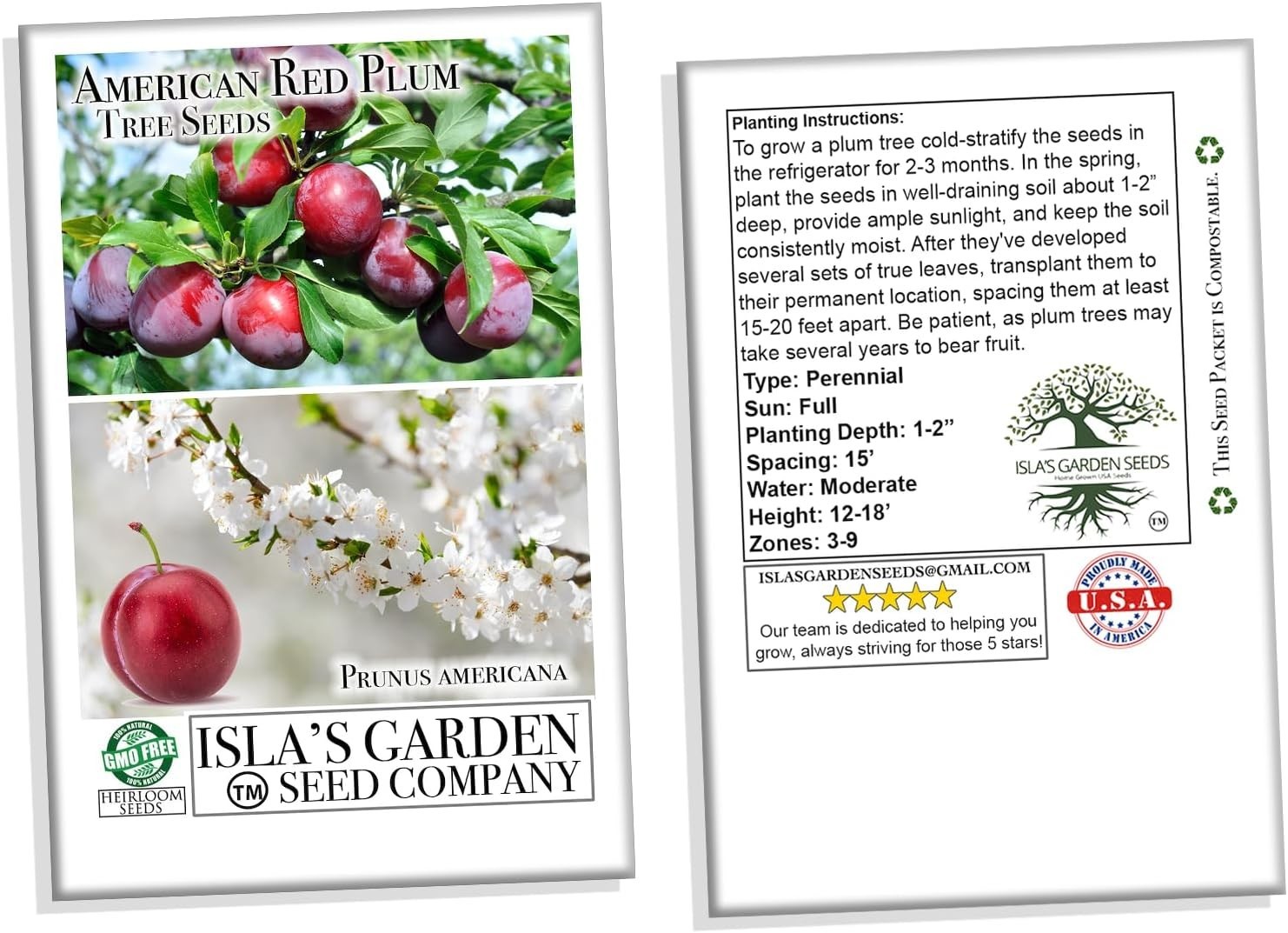 Prunus Americana Seeds – 5 Pack of Red Plum Tree Seeds for Heirloom Gardens