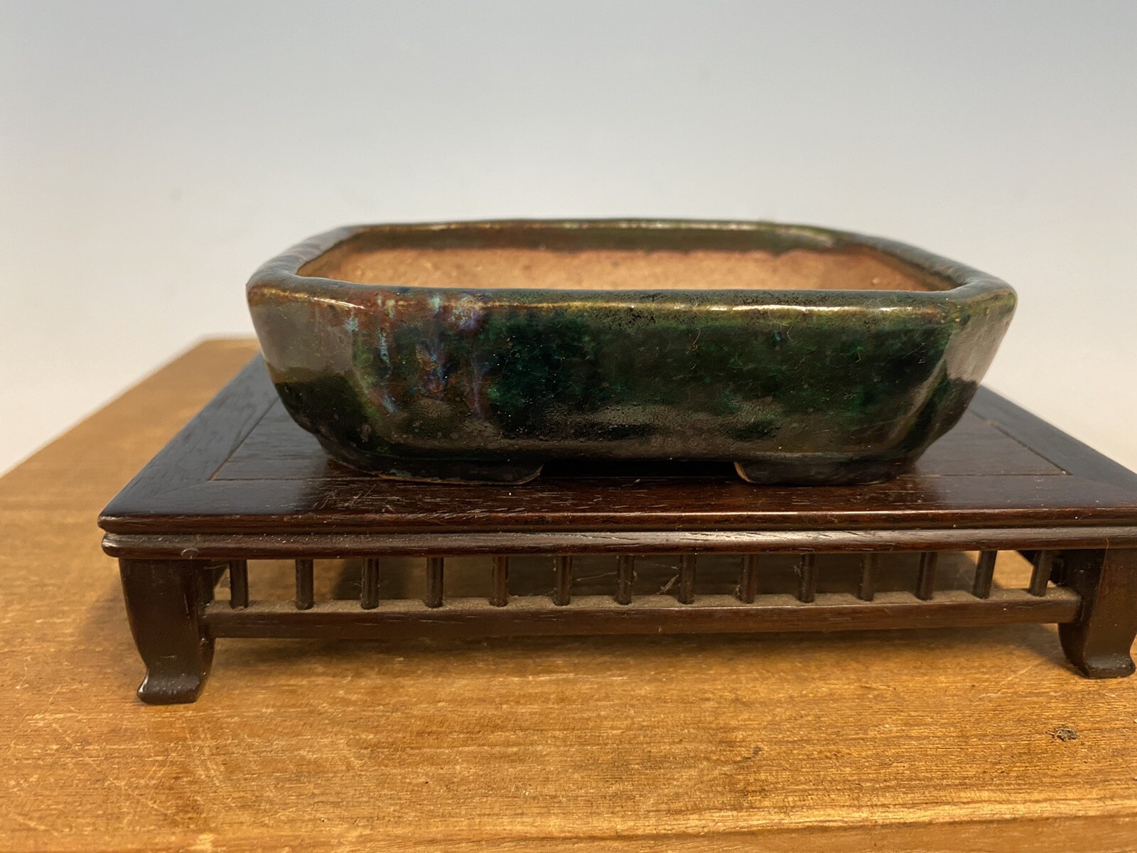Green And Blue Glazed Shohin Size Tokoname Bonsai Tree Pot Made Koyo 4 3/8”