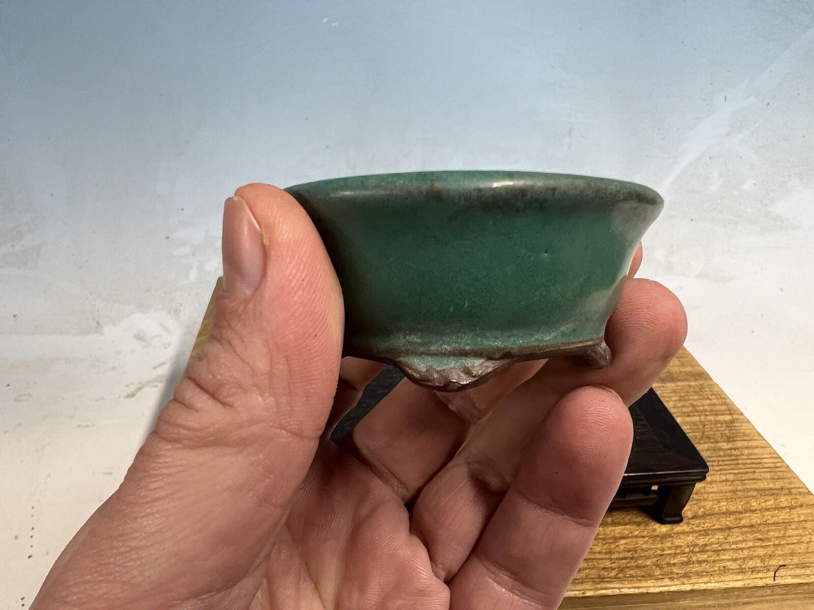 Blue Green Glazed Shohin Sized Bonsai Tree Pot Made By Tosui 2 1/2”