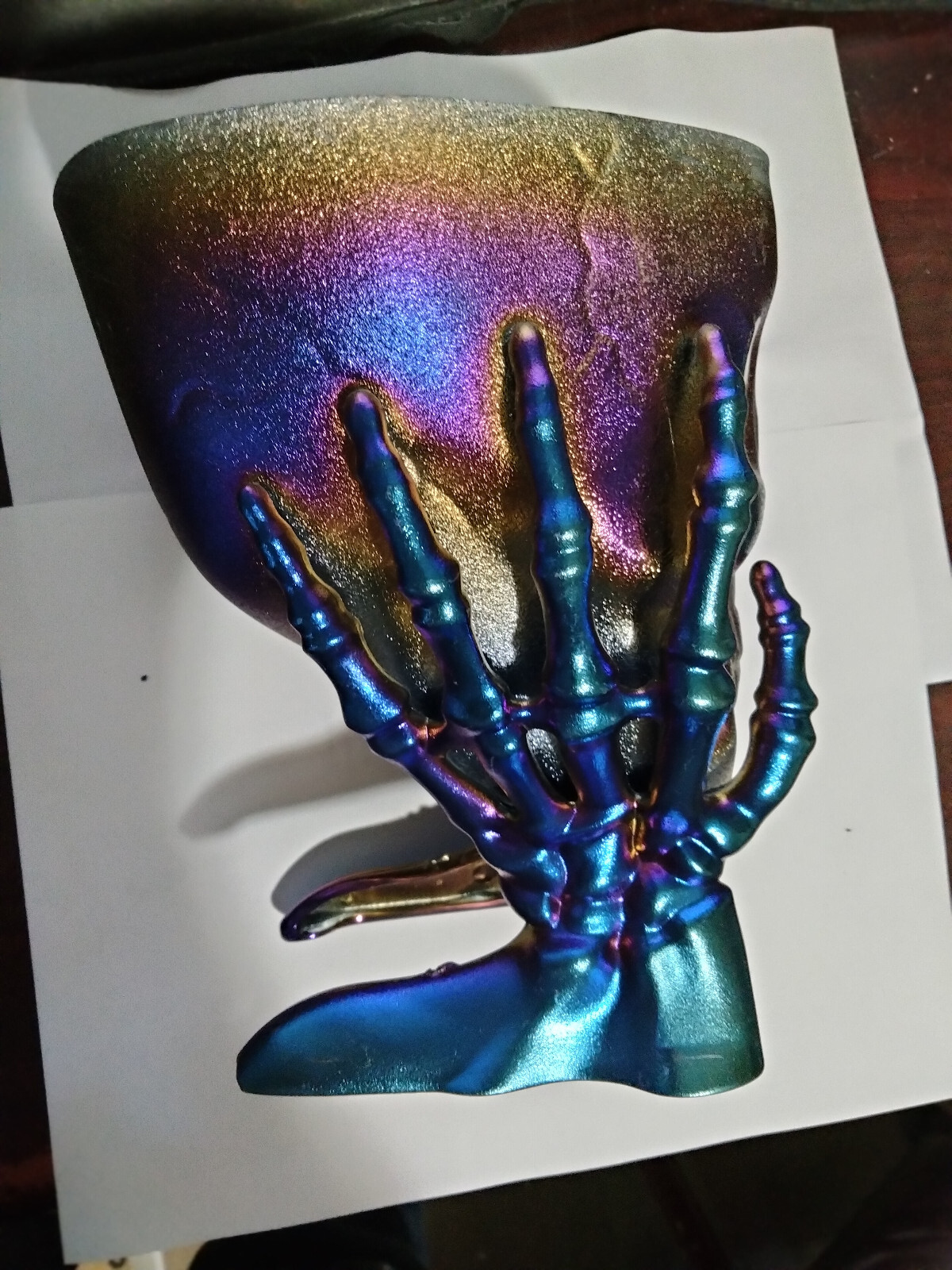 SKULL PLANTER PURPLE, GOLD, BLUE, GREEN, YELLOW HUED PRISM. 6X6X7 APPROX- NEW #1