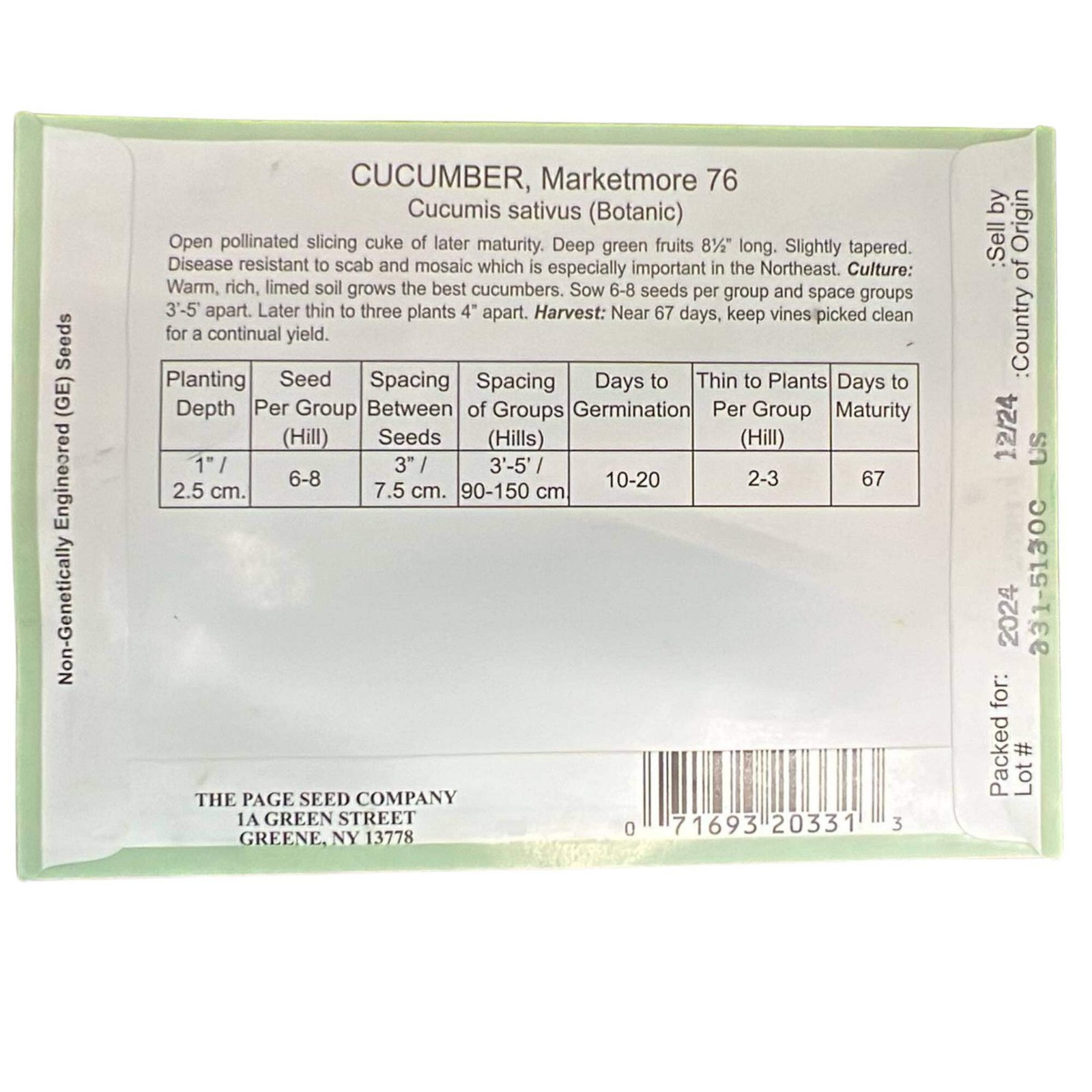 Valley Greene 750mg Cucumber Marketmore 76 Seeds: 2CT