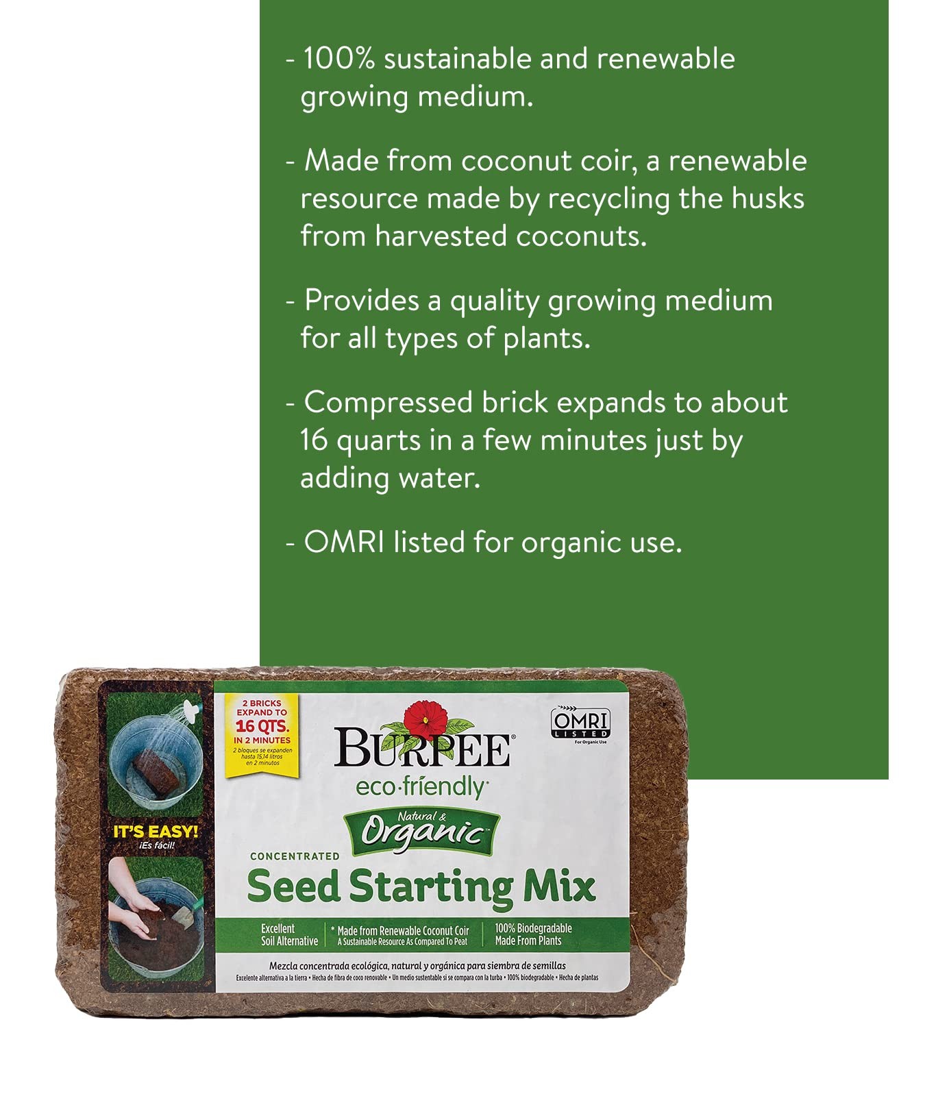 Burpee Organic Coconut Coir Brick, Compressed Seed Starting Mix, 1 Pack