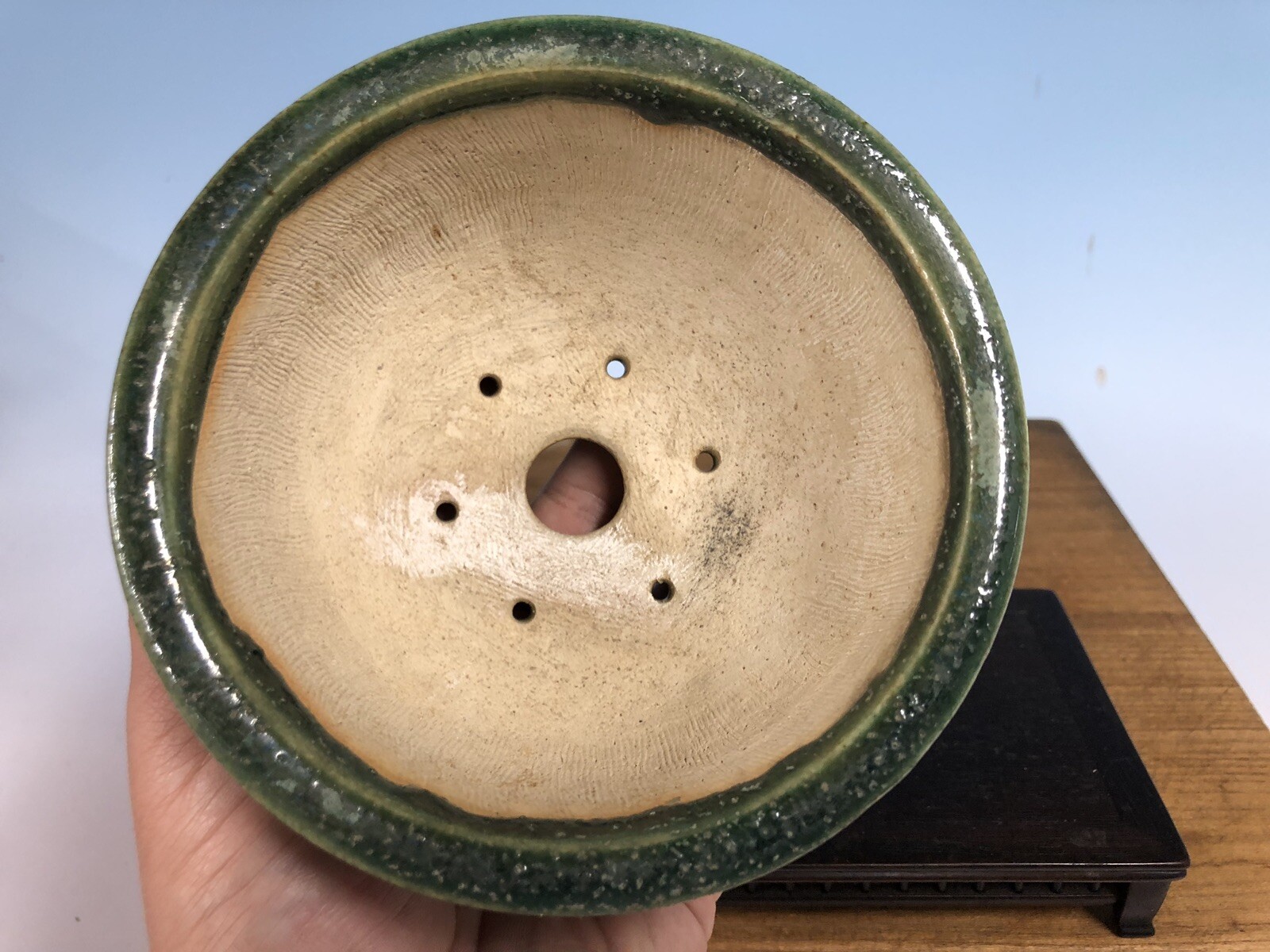 Green Blue Round Glazed Shohin Size Bonsai Tree Pot Fugushige Bushuan 5”