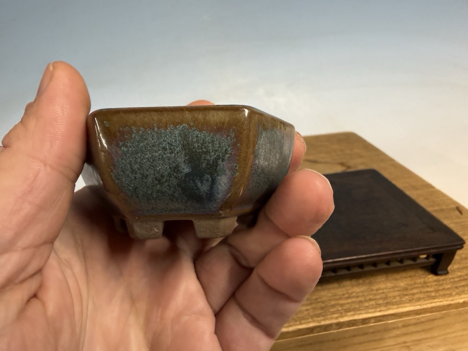 Japanese Unknown Maker Shohin Sized Bonsai Tree Pot 3 By 1 3/8” Unique 6 Sided