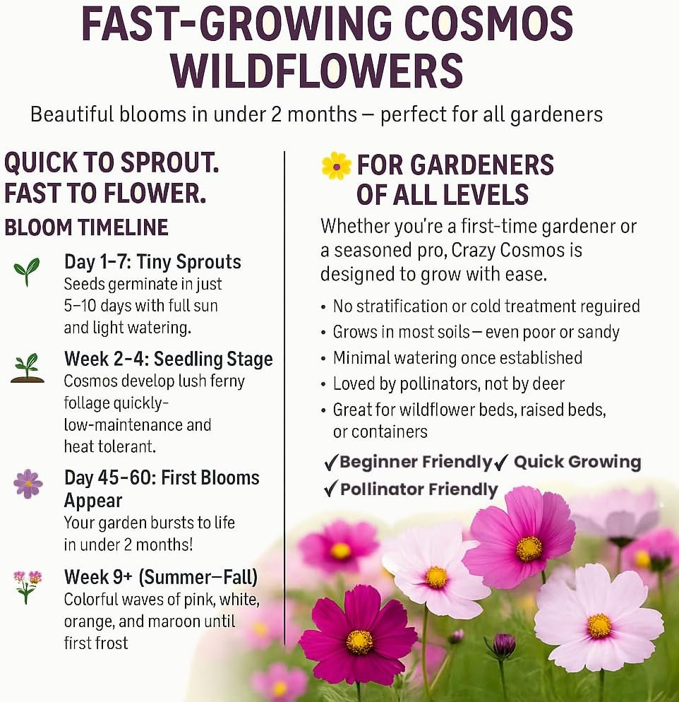 , Crazy Cosmos Seeds for 2026, 2250 Cosmos Seed, 15G, Made in USA, Annual Cut Fl