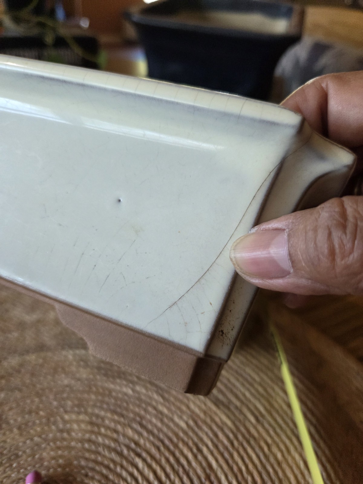 Vtg Japanese Rectangular Beige Bonsai Pot 7″x9″x3.25″