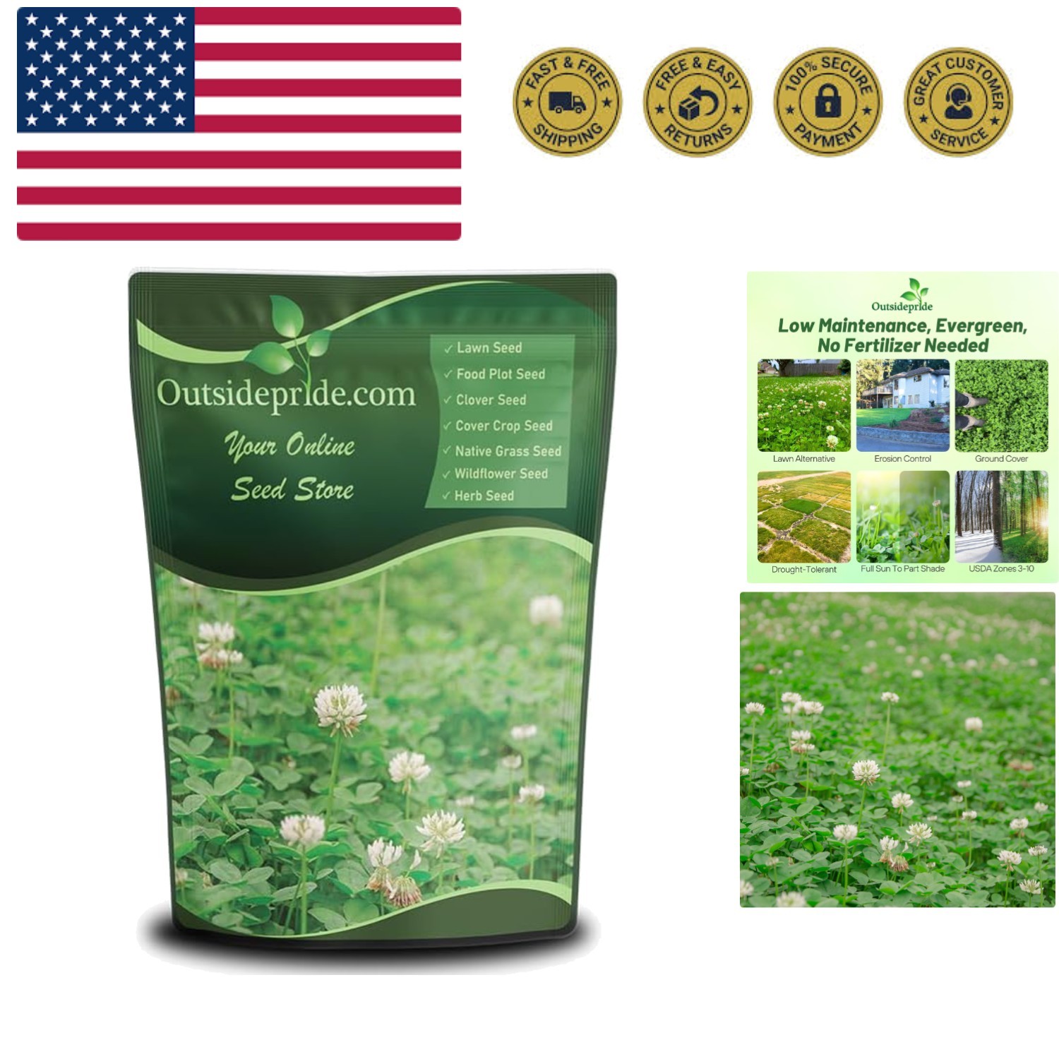 Beautiful 1/4 lb White Clover Seeds – Erosion Control & Attractive Ground Cover