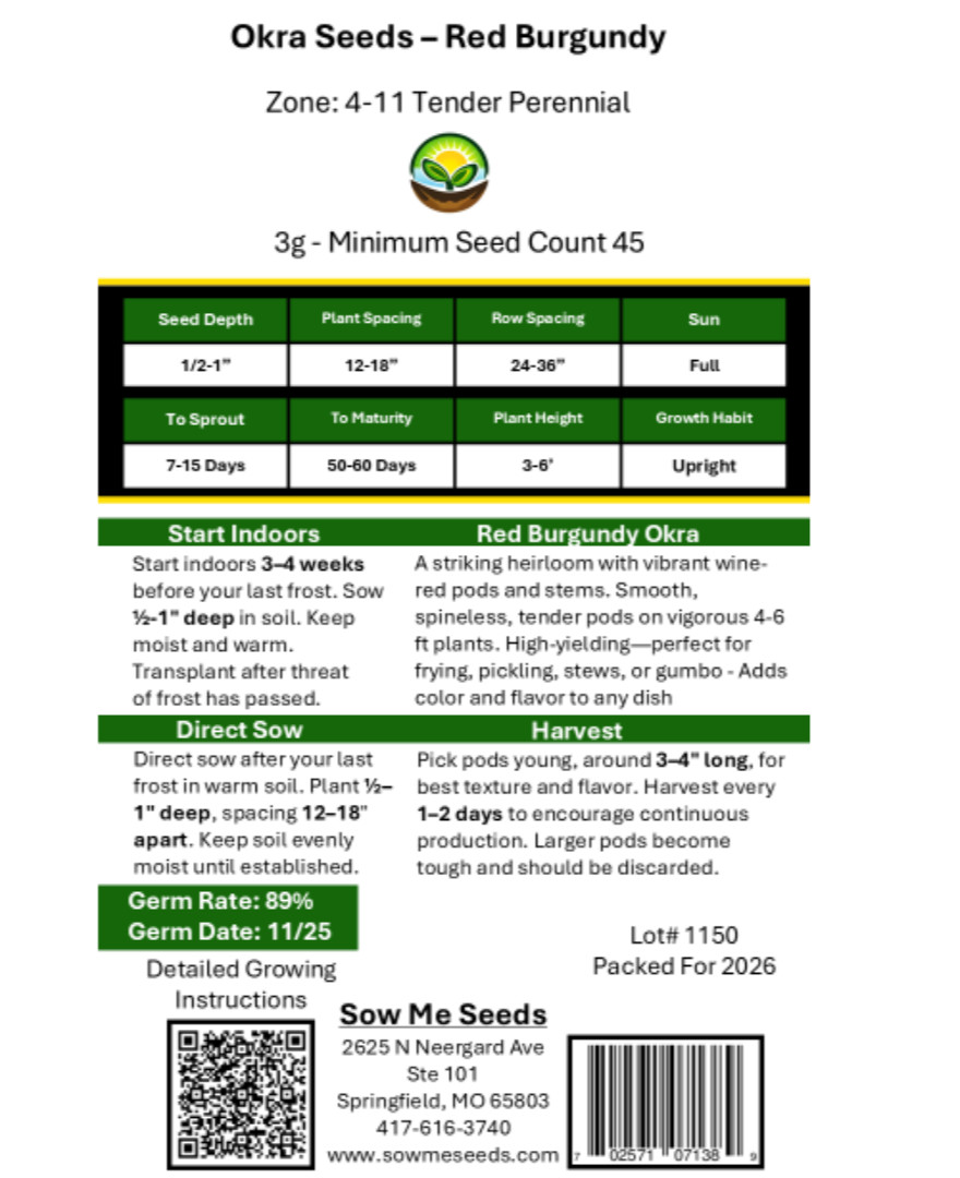 Okra Seeds – Red Burgundy: Non-GMO, Heirloom Vegetable Garden Seeds