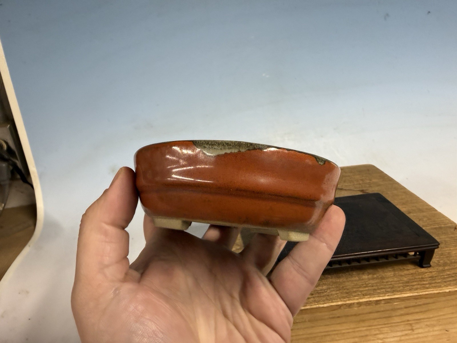 Japanese Unknown Maker Shohin Bonsai Tree Pot 5 1/4” Red Glazed
