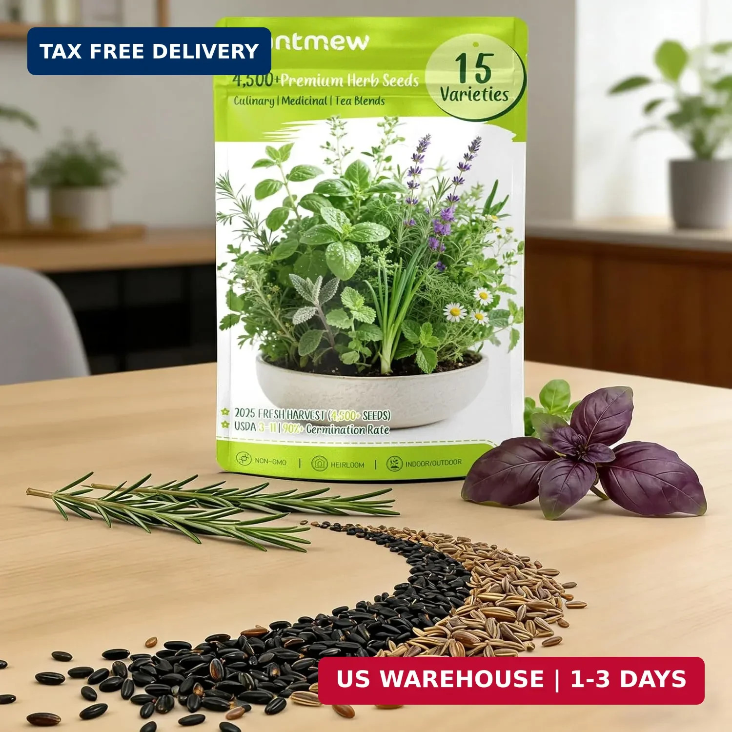 Herb Seeds 15-Pack – 4,500+ Non-GMO Heirloom Seeds for Planting – Indoor & Outdo