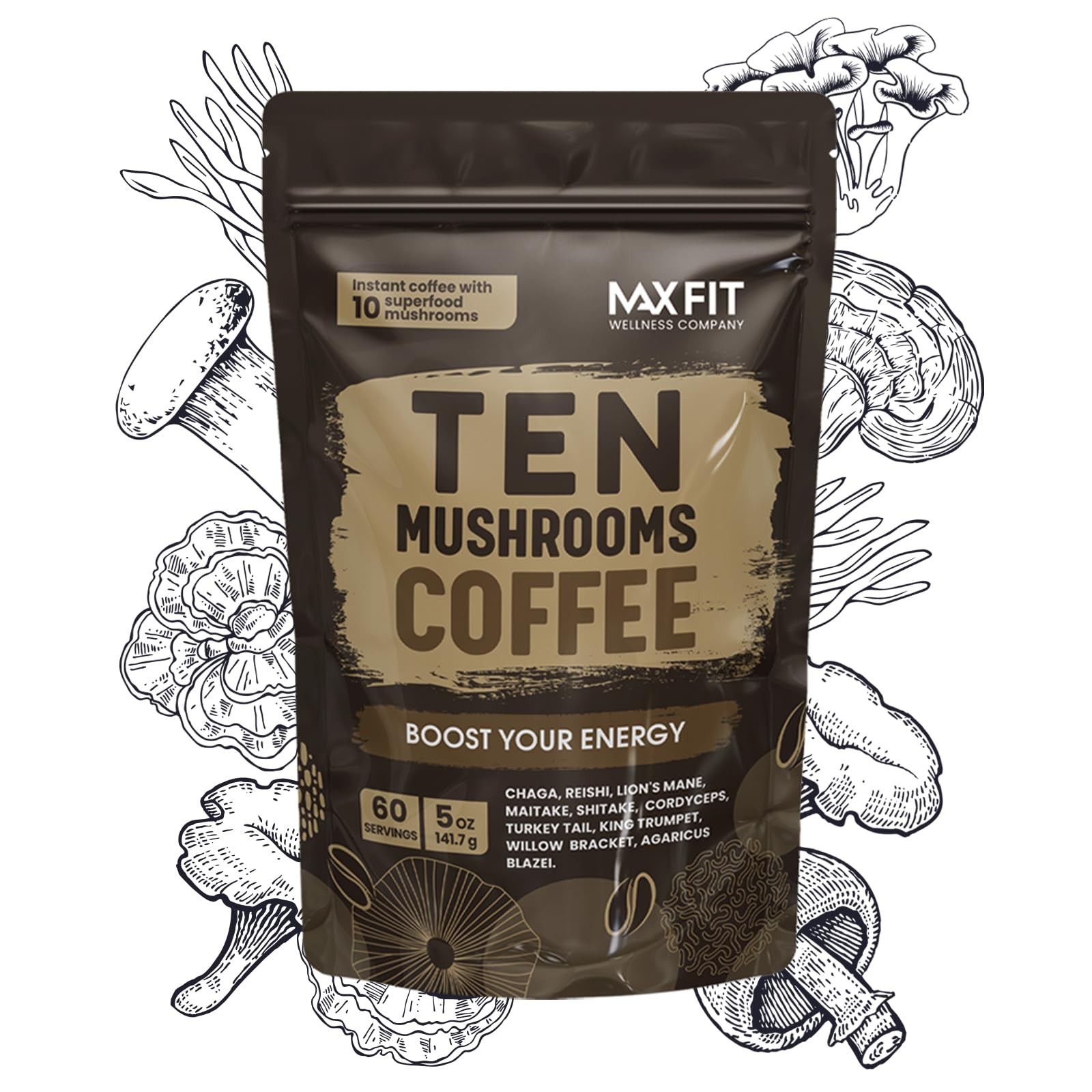 Mushroom Coffee (60 Servings) 10 Mushrooms (Lion’s Mane, 5 Ounce (Pack of 1)
