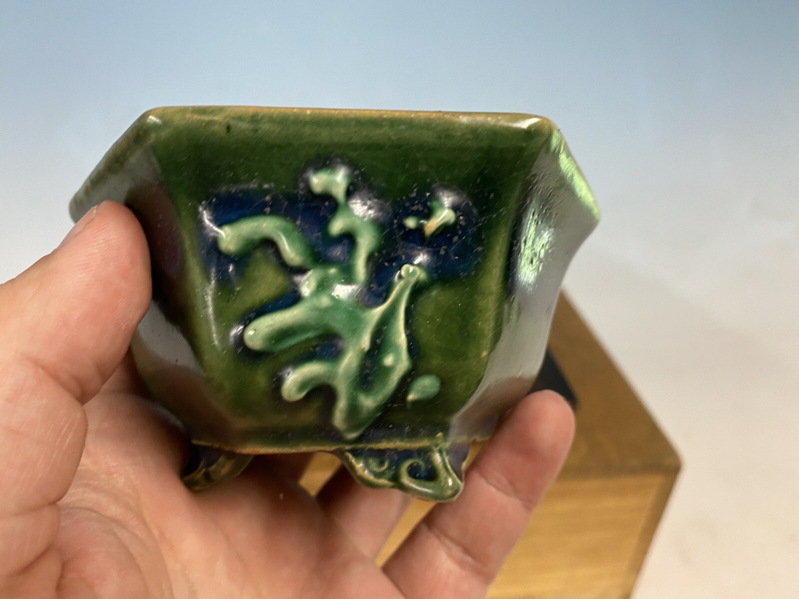 Beautiful Green And Blue Glazed Shohin Size Bonsai Tree Pot Heian Kosen 4 1/2”