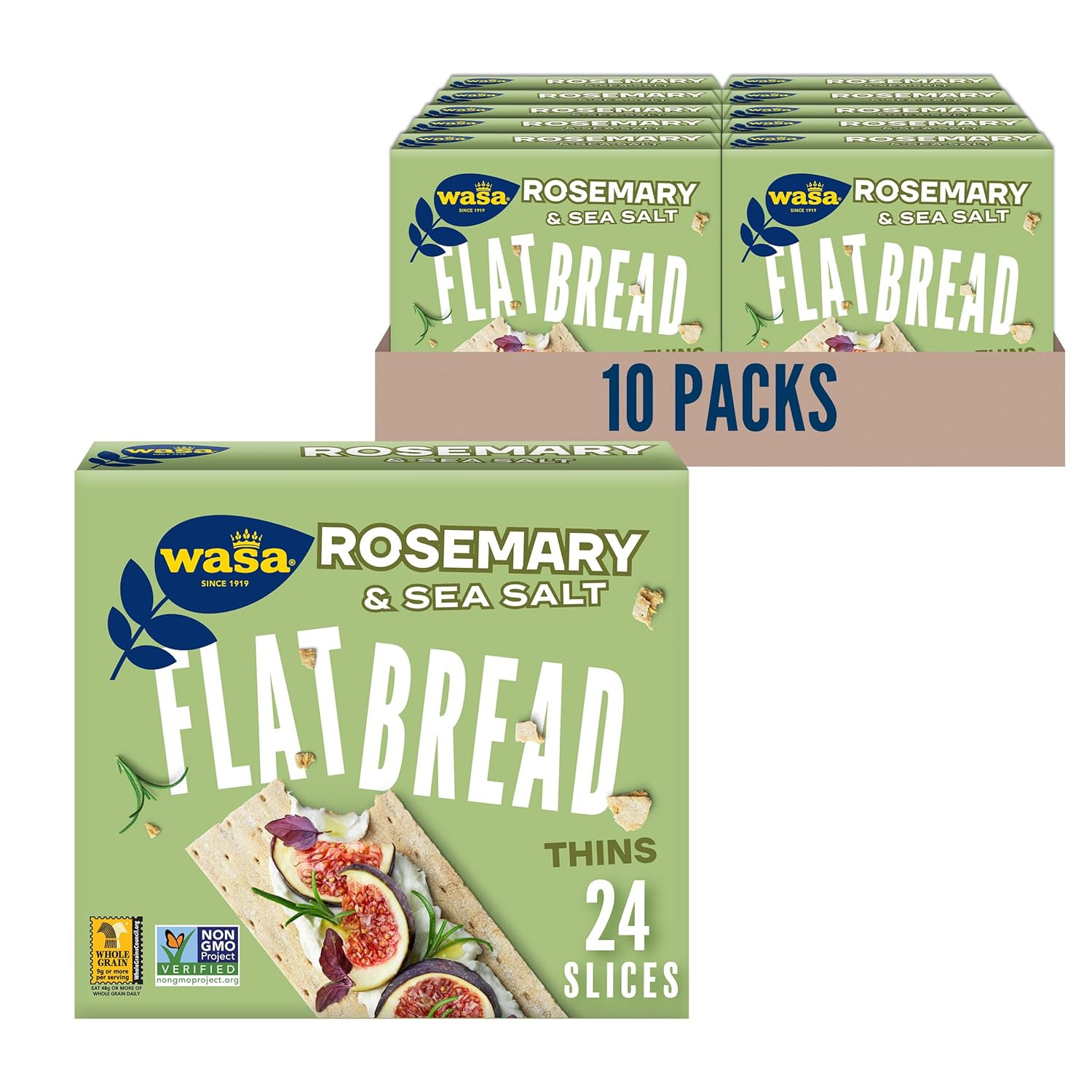 Wasa Rosemary & Sea Salt Flatbread Thins, 6.7 Oz (Pack of 10), Crackers, Non-Gmo