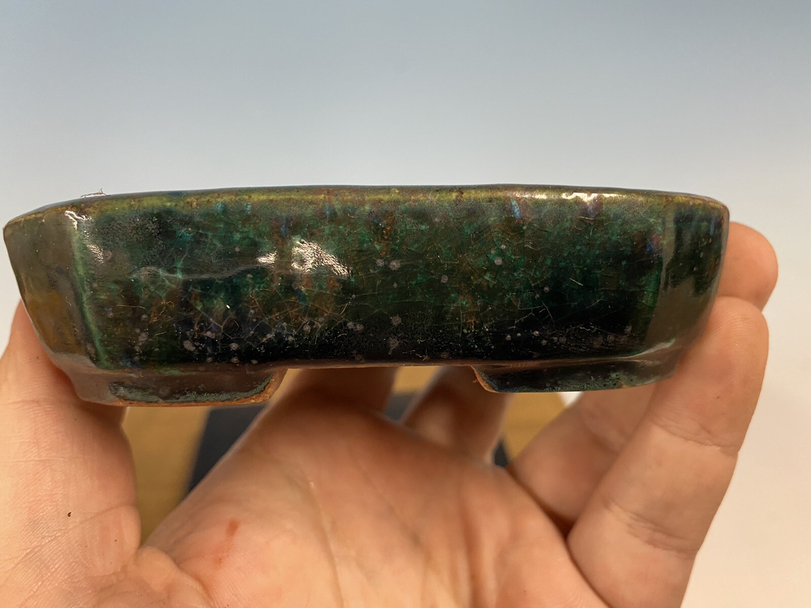Green And Blue Glazed Shohin Size Tokoname Bonsai Tree Pot Made Koyo 4 3/8”