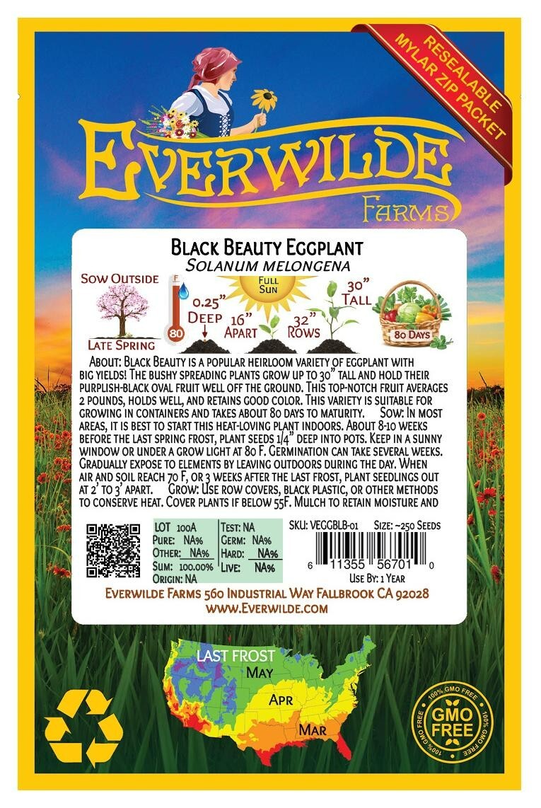 250 Black Beauty Eggplant Seeds – Everwilde Farms Mylar Seed Packet