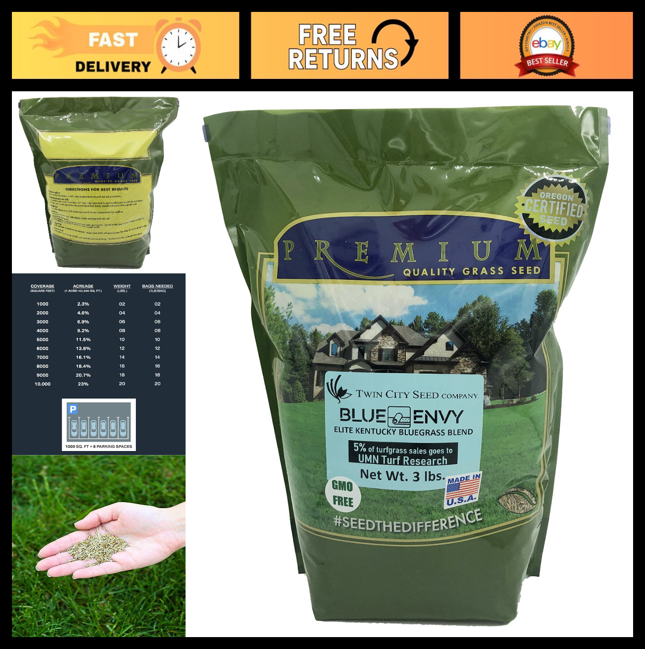 Kentucky Bluegrass Seed Blend, 3 lb Bag – Lush Lawn, Fast Germination, Drought-R