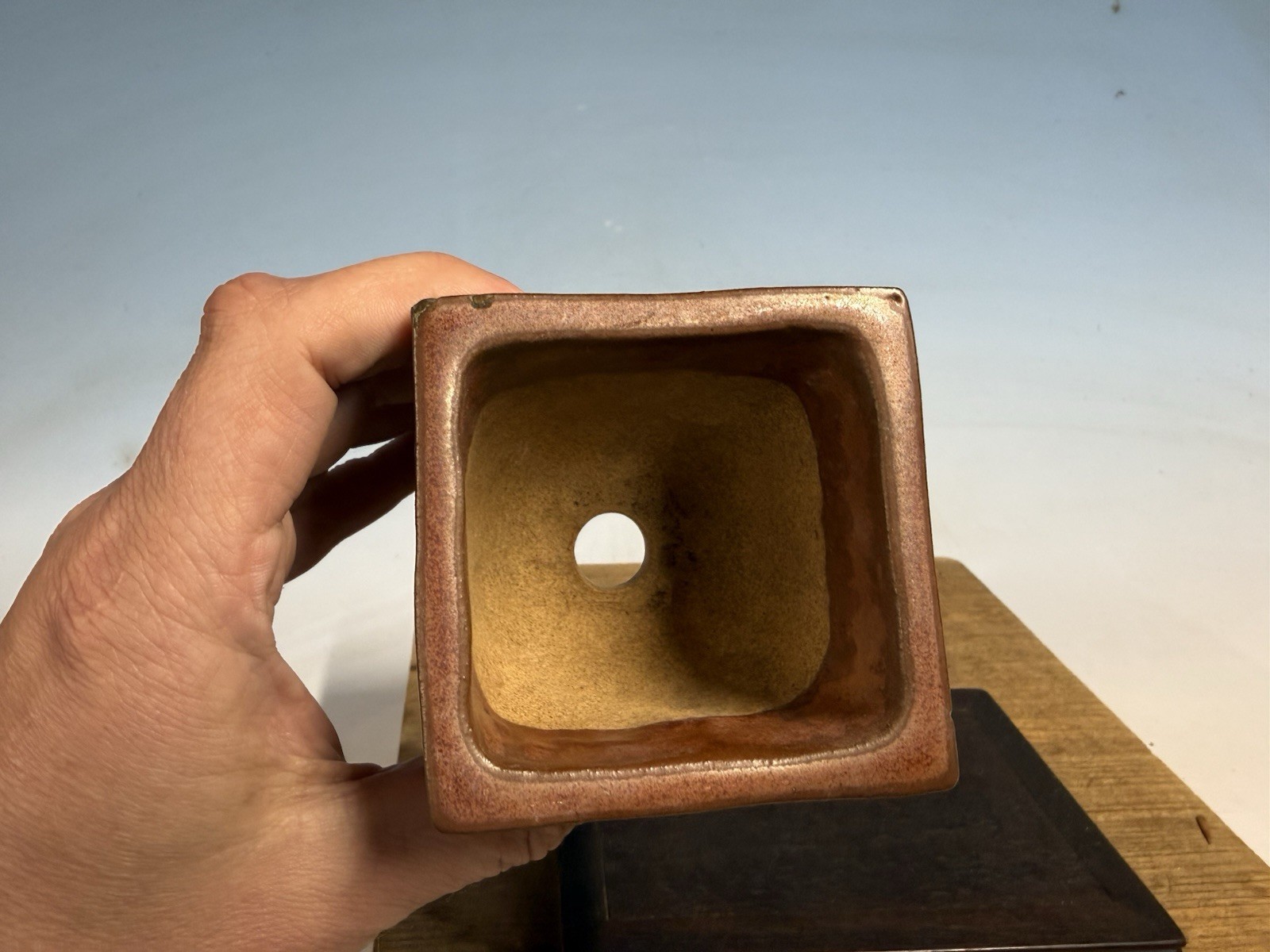 Japanese Unknown Maker Shohin Sized Bonsai Tree Pot 3 1/4 By 3” Red Glazed Semi