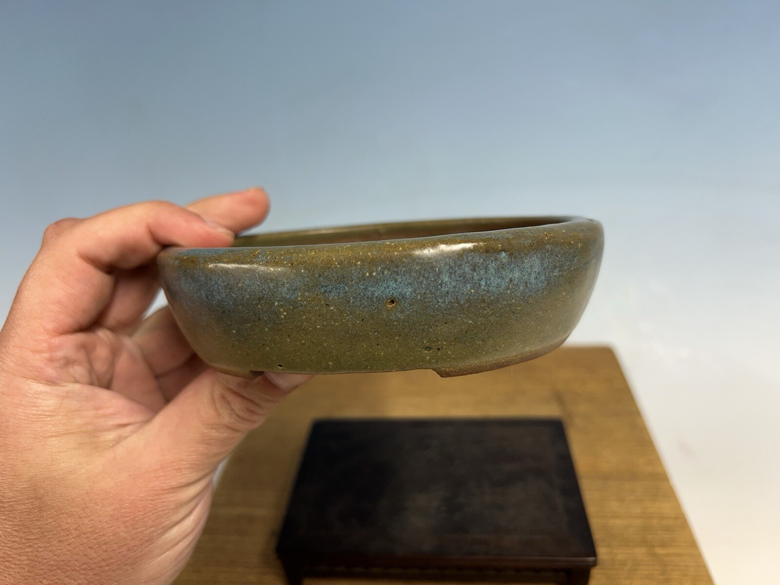 Green Blue Glazed Shohin Size Tokoname Bonsai Tree Pot Yozan 5 5/8” Great Patina