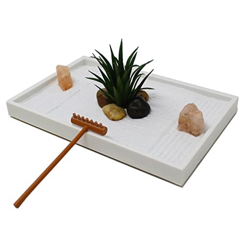 Mini Zen Garden Kit for Desk with White Sand, Rake, White Base, Salt Rectangle