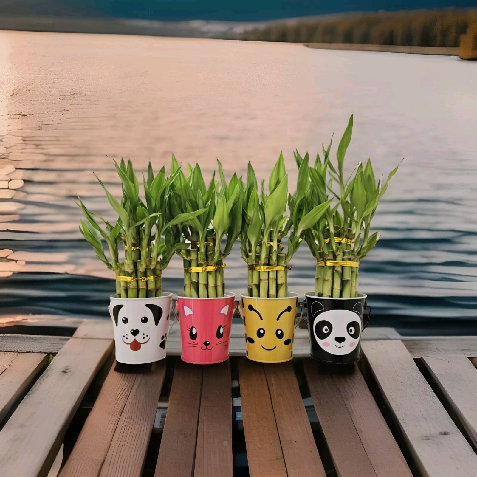 LUCKY BAMBOO In Cute Tin Basket, 2-Tiered, Christmas Gift, 6″ 8″ inches