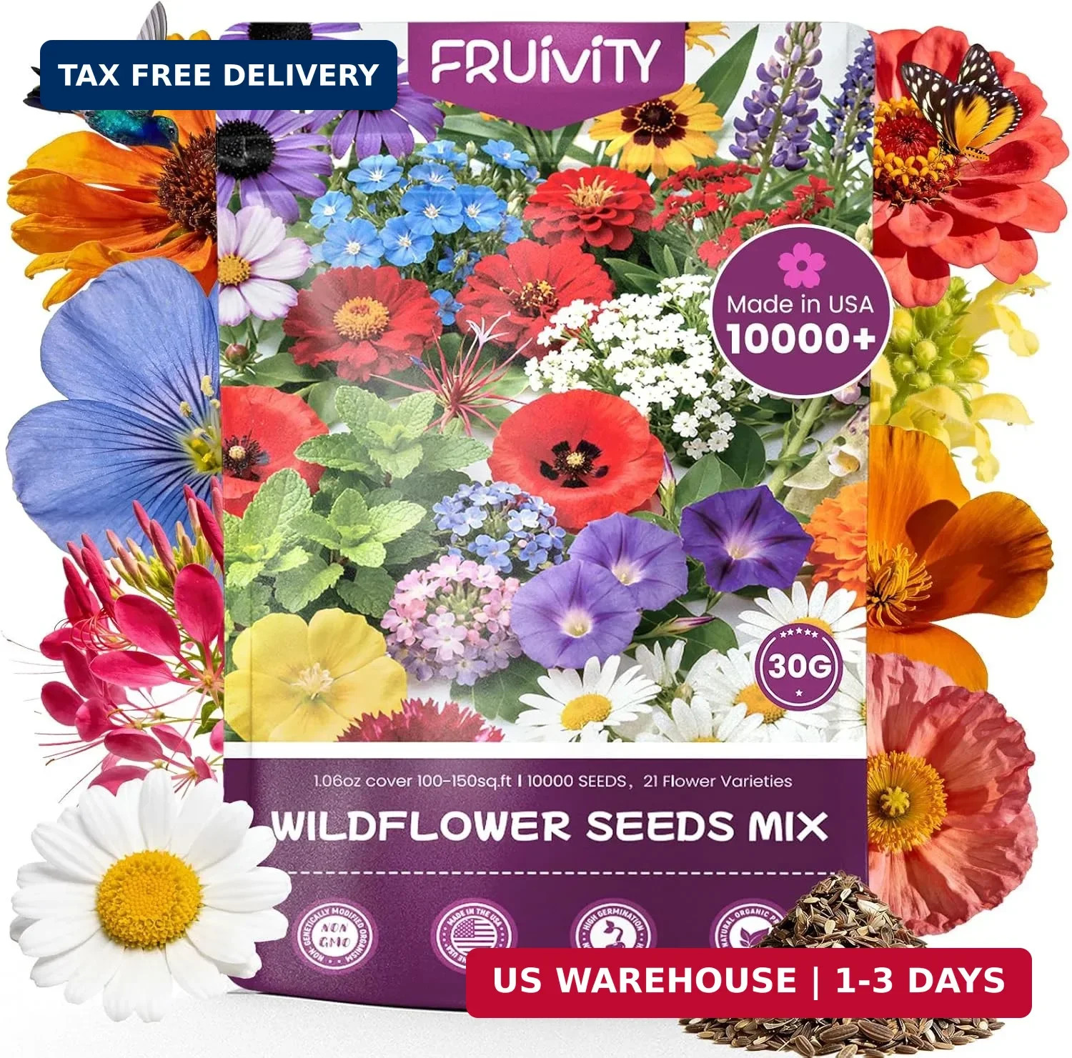 Wildflower Seeds Bulk 10000+, 1.06oz Butterfly Hummingbird Mix, 21 Variety Peren