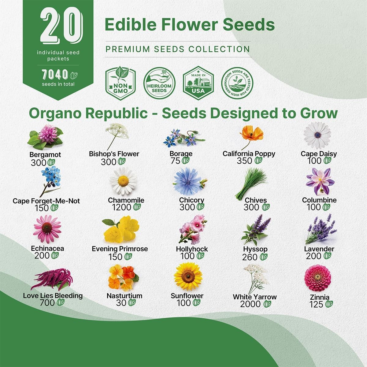 Organo Republic 20 Edible 20 Flower Seeds, White, Purple, Green, Blue