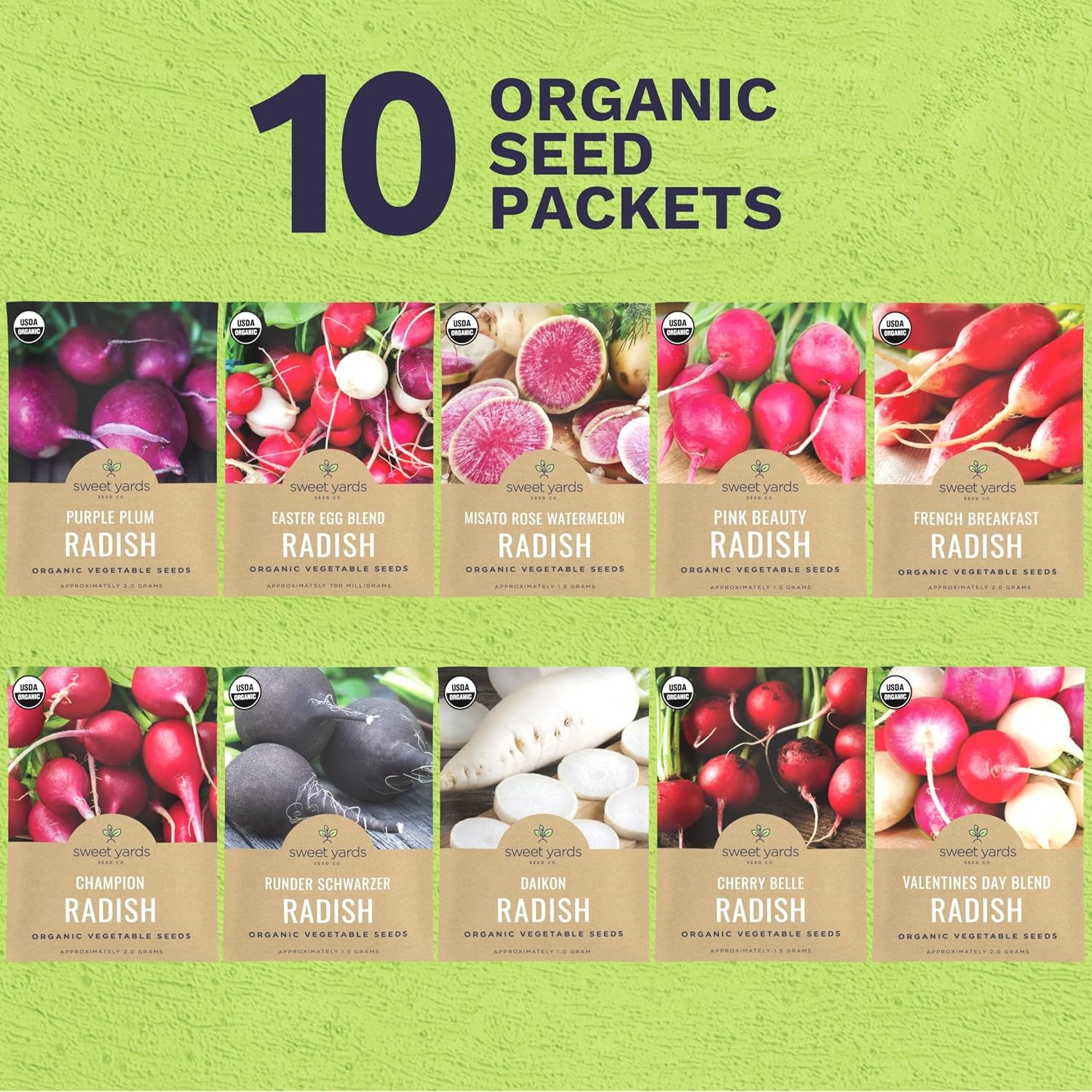 Organic Radish Seeds Variety Pack – 10 Individual Packs – 2026 Season – Pink