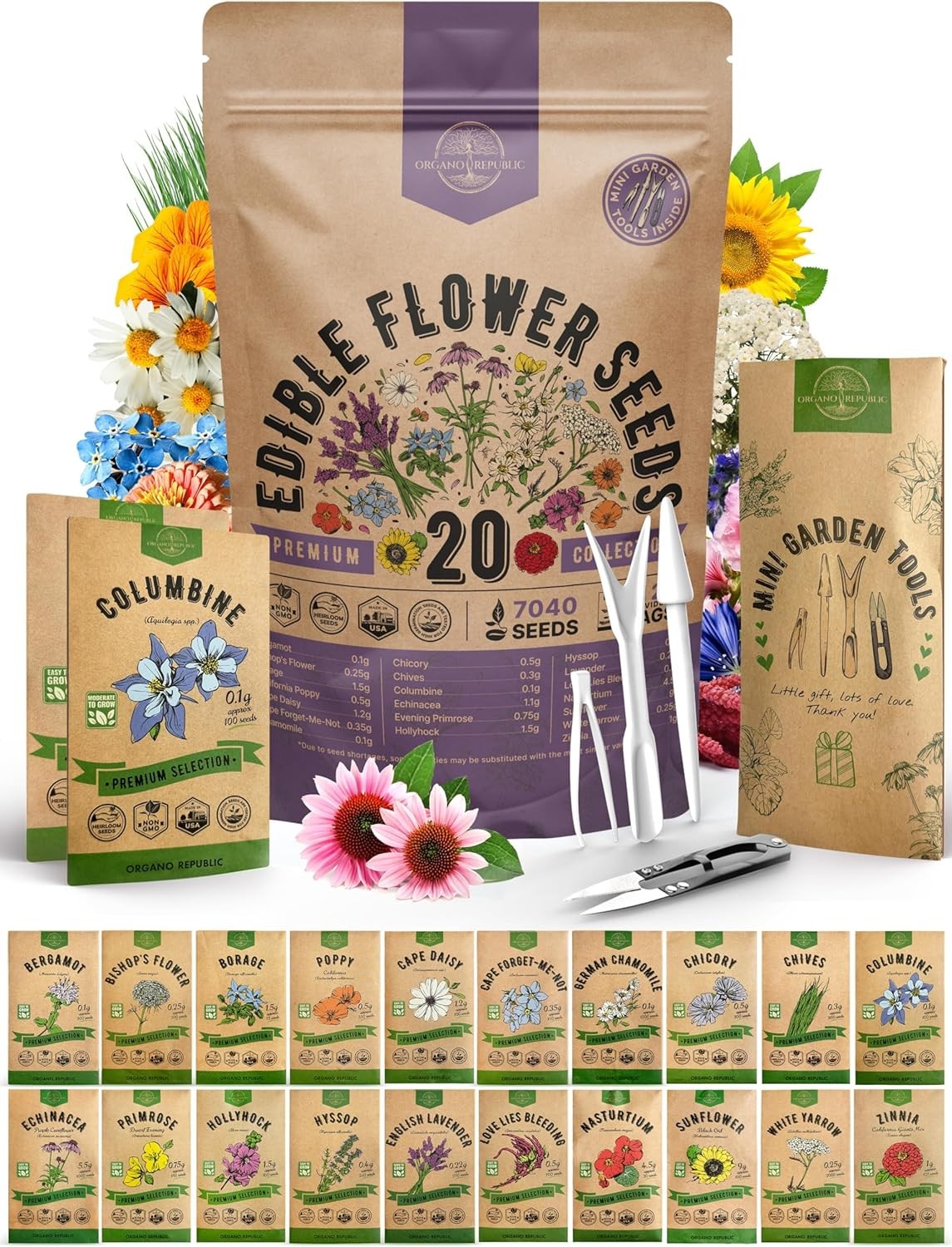 Organo Republic 20 Edible 20 Flower Seeds, White, Purple, Green, Blue