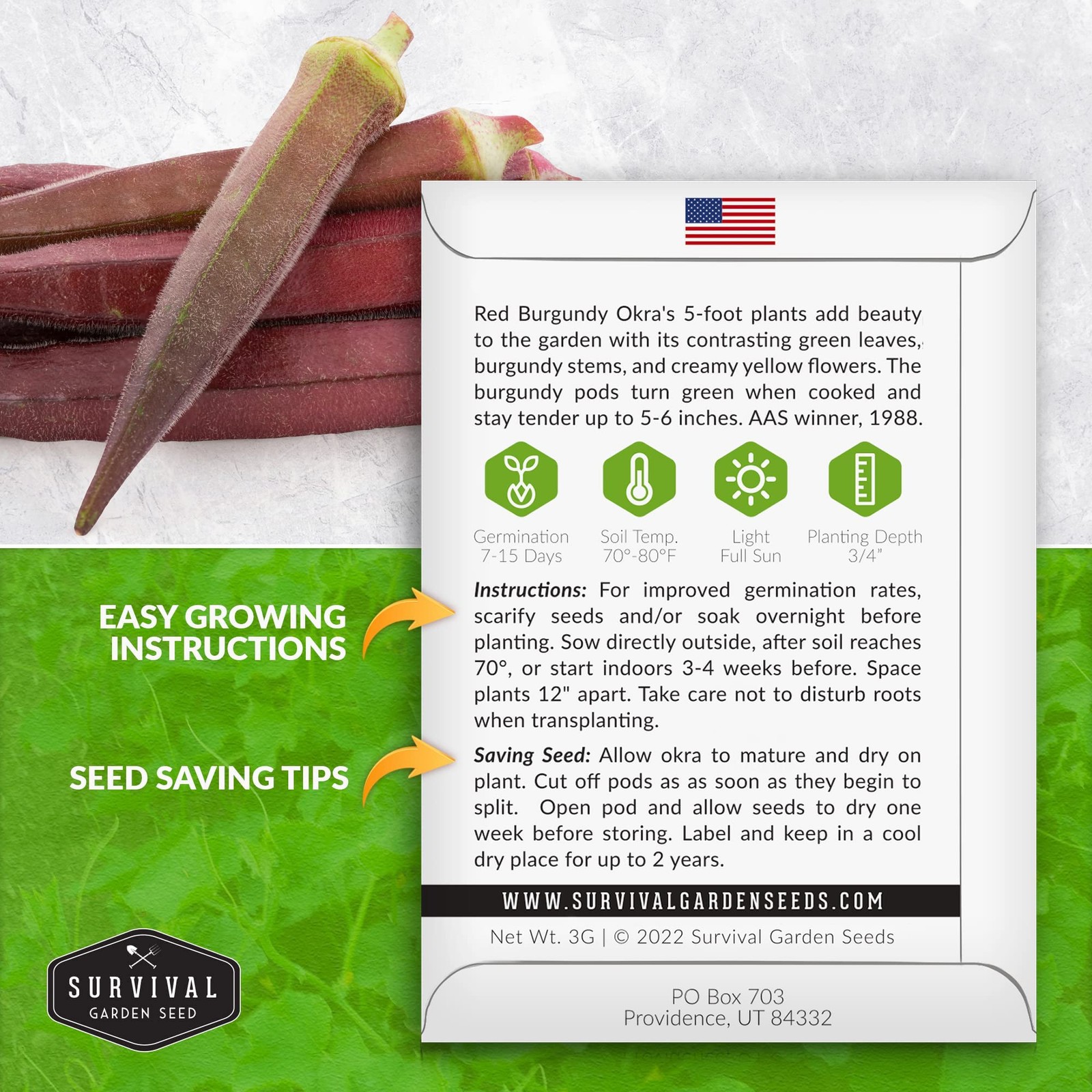 Burgundy Okra Seeds – Non-GMO Heirloom for Home Vegetable Garden – 3 Packs