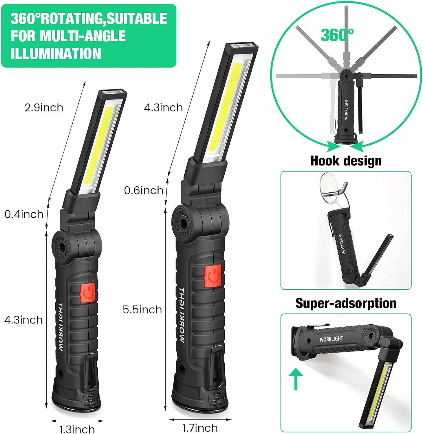 Rechargeable LED COB Work Light Mechanic Flashlight Lamp Magnetic Base Bright