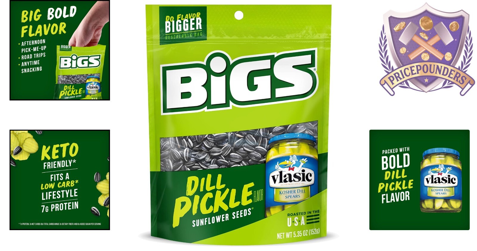 Vlasic Dill Pickle Sunflower Seeds – Fire-Roasted Keto Snack in Resealable Bags