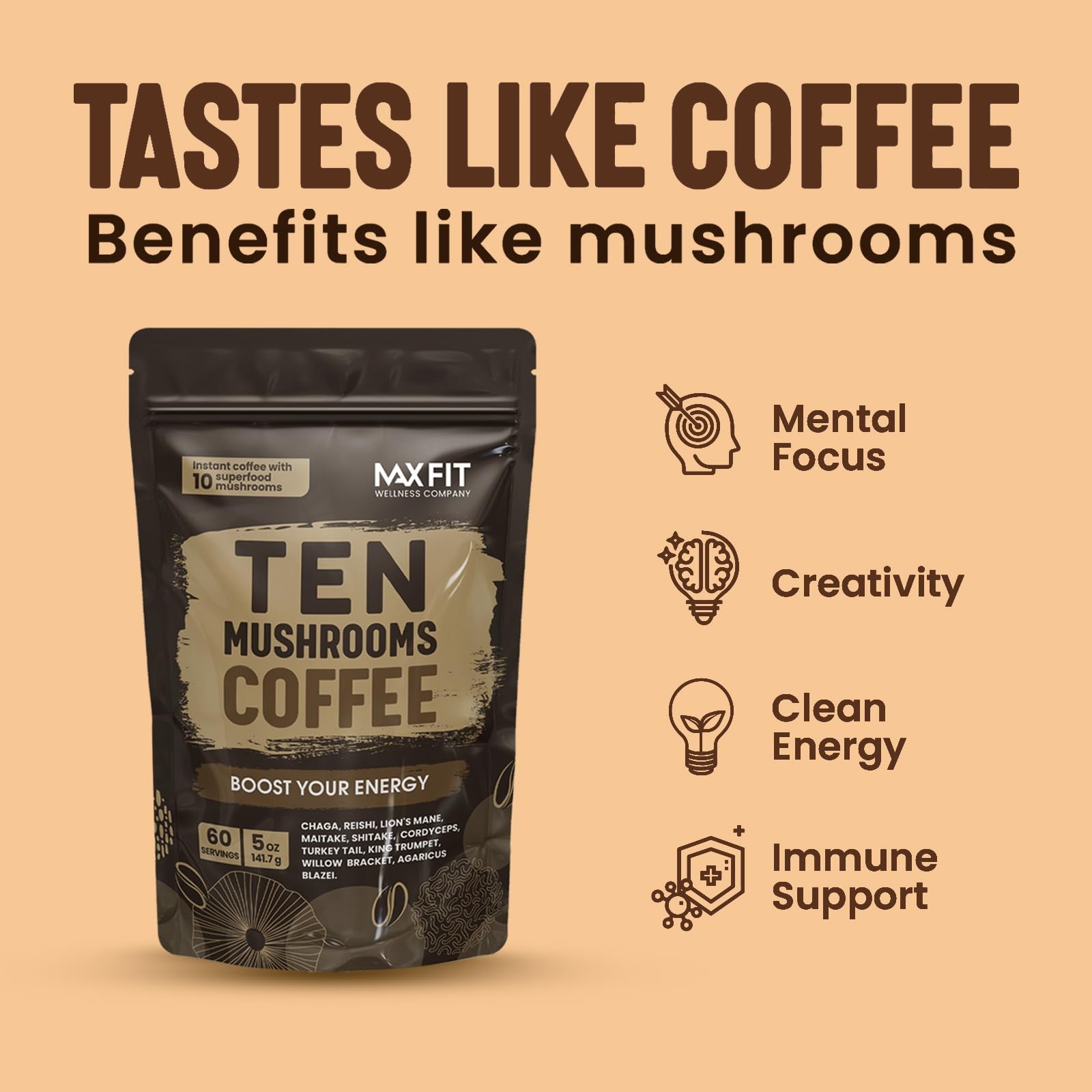 Mushroom Coffee (60 Servings) 10 Mushrooms (Lion’s Mane, 5 Ounce (Pack of 1)